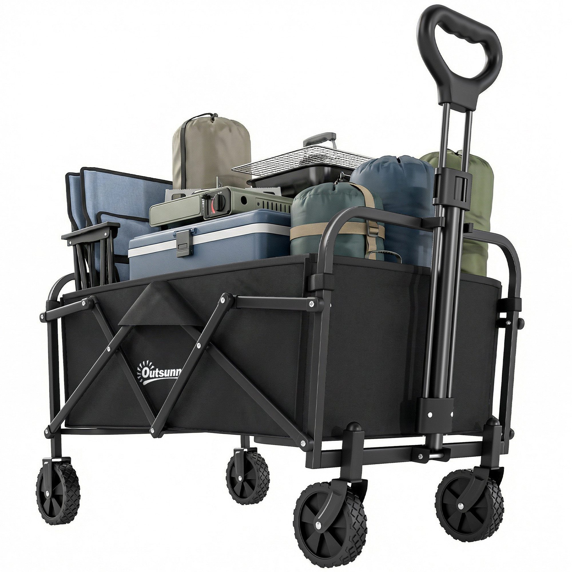 Outsunny Fahrradlastenanhänger Faltbarer Bollerwagen mit Griff Verstellbarer Griffhöhe, bis 68 kg Tragkraft, für Sport, Einkauf, Camping, Schwarz