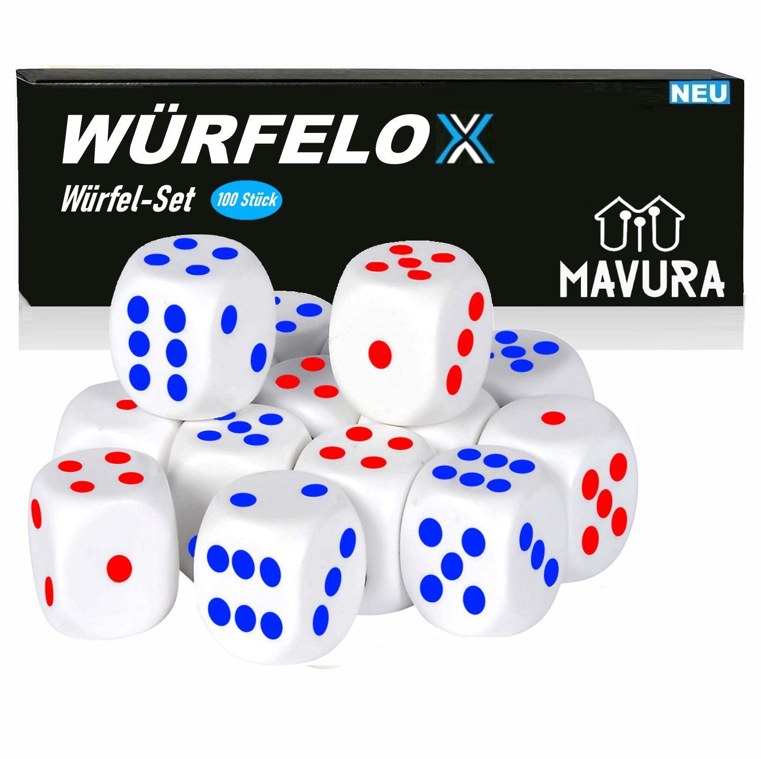MAVURA Spiel, WÜRFELOX Würfel Set Spielwürfel Würfelspiel, für Brett, Rollen und Tabletopspiele [100 Stück, Blau & Rot Mix]