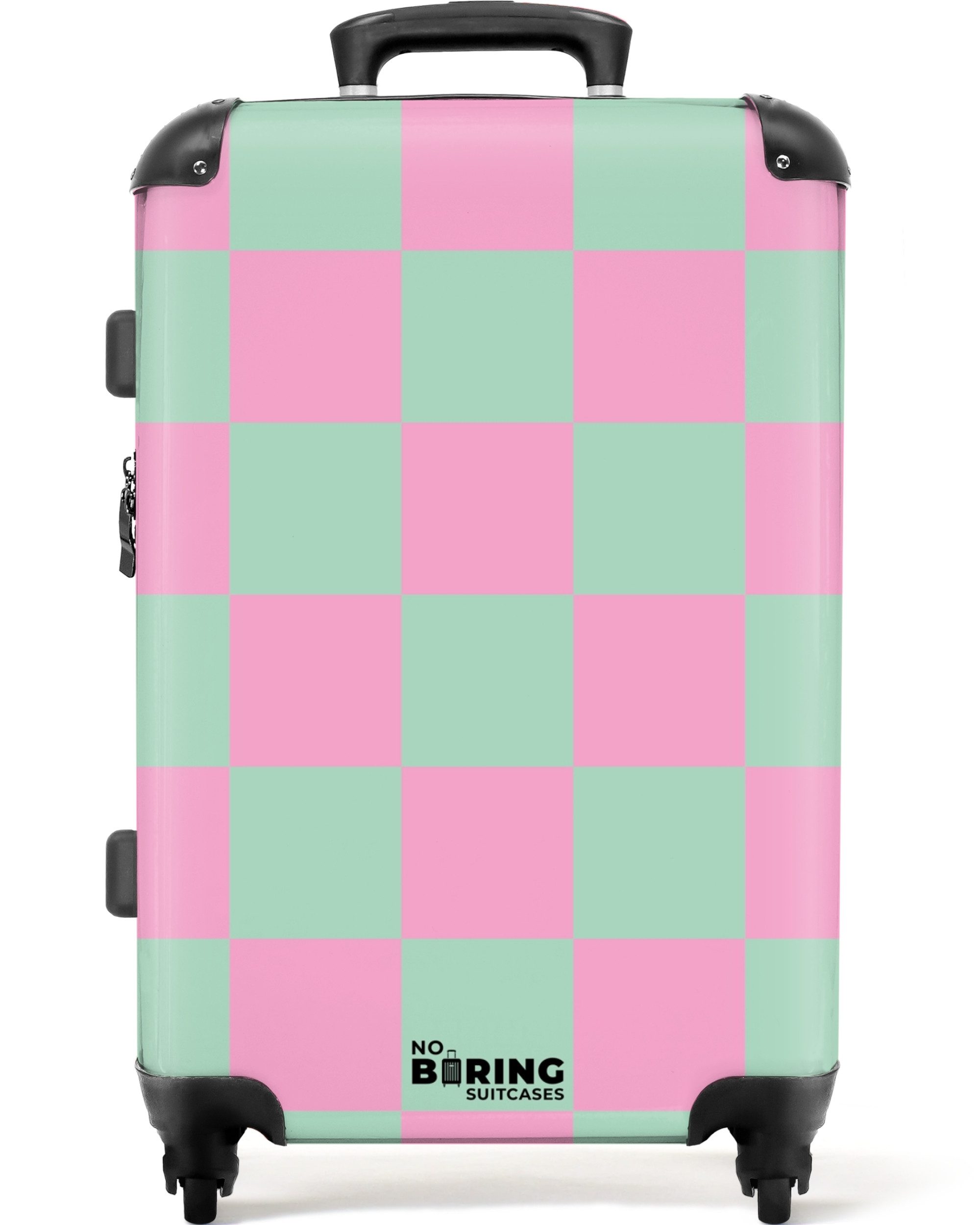 NoBoringSuitcases.com© Hartschalen-Trolley Rosa mit türkisem Schachbrettmus günstig online kaufen