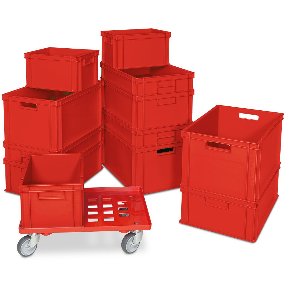 BRB-Lagertechnik Stapelbox BRB Set mit 12 Euro-Stapelbehältern in 4 Größen + 1 Transportroller, Stoßfest, robust und formstabil
