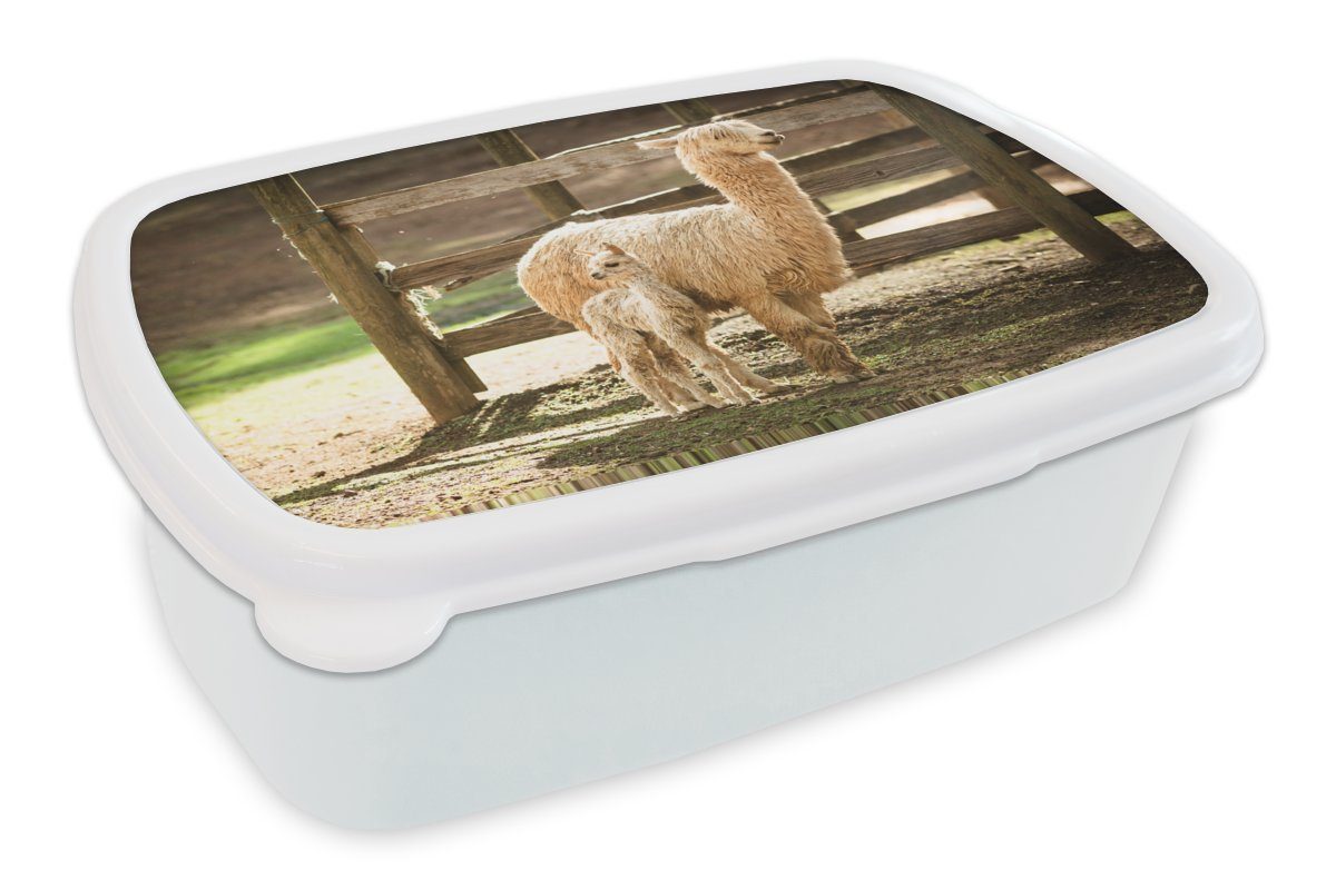 MuchoWow Lunchbox Alpaka - Baby - Mutti, Kunststoff, (2-tlg), Brotbox für Kinder und Erwachsene, Brotdose, für Jungs und Mädchen weiß