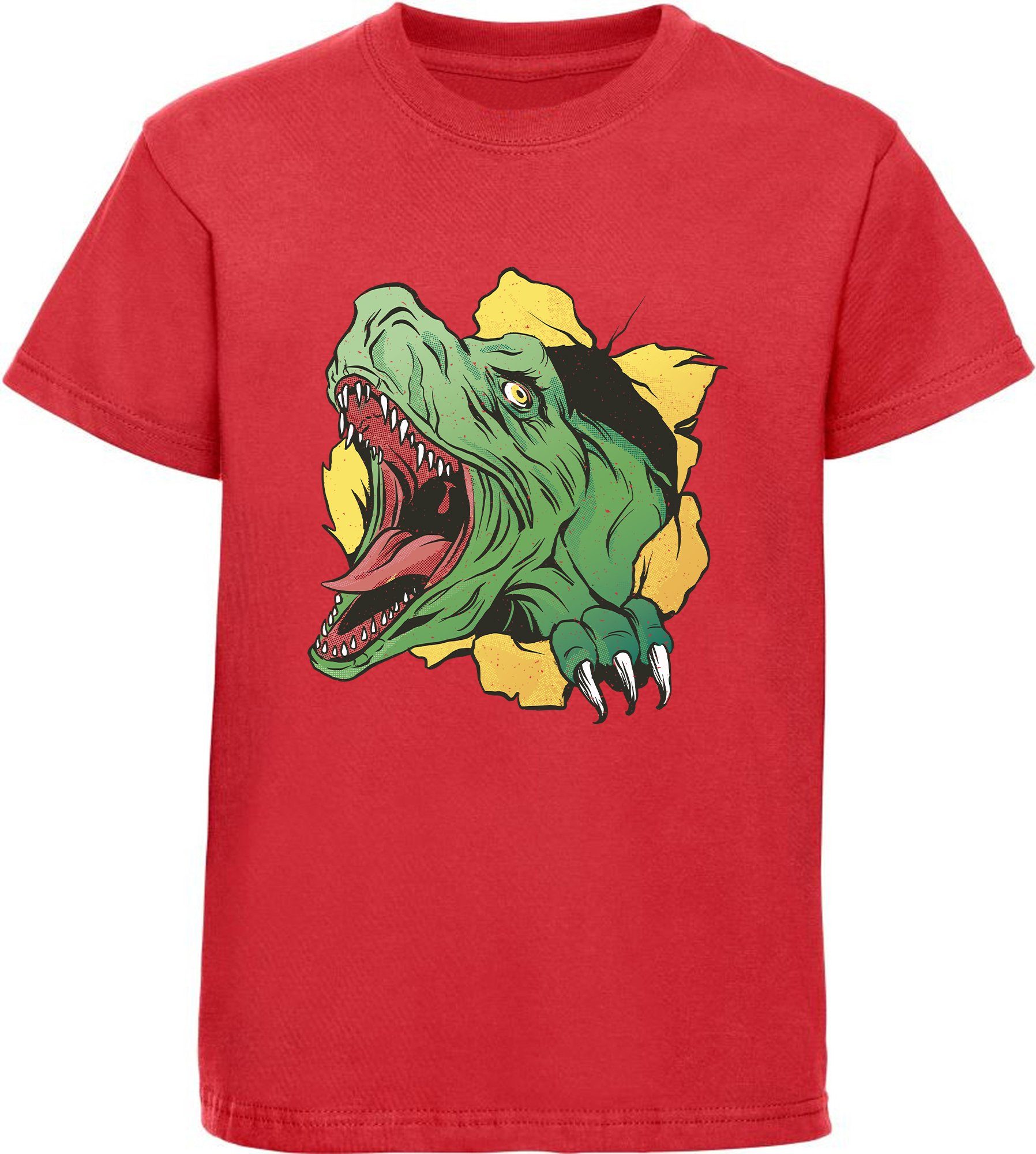 MyDesign24 Print-Shirt T-Rex i68 mit schwarz, Kopf bedrucktes weiß, blau, T-Shirt mit Baumwollshirt Dino, Kinder rot