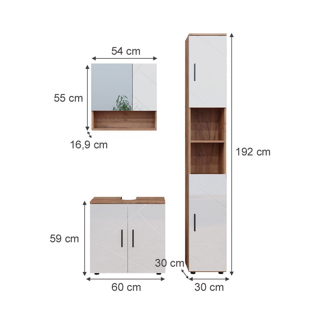 Vicco Badmöbel-Set Irma, Eiche/Weiß Hochglanz, 3 Teile, mit Hochschrank, (3-St., 3er Set)