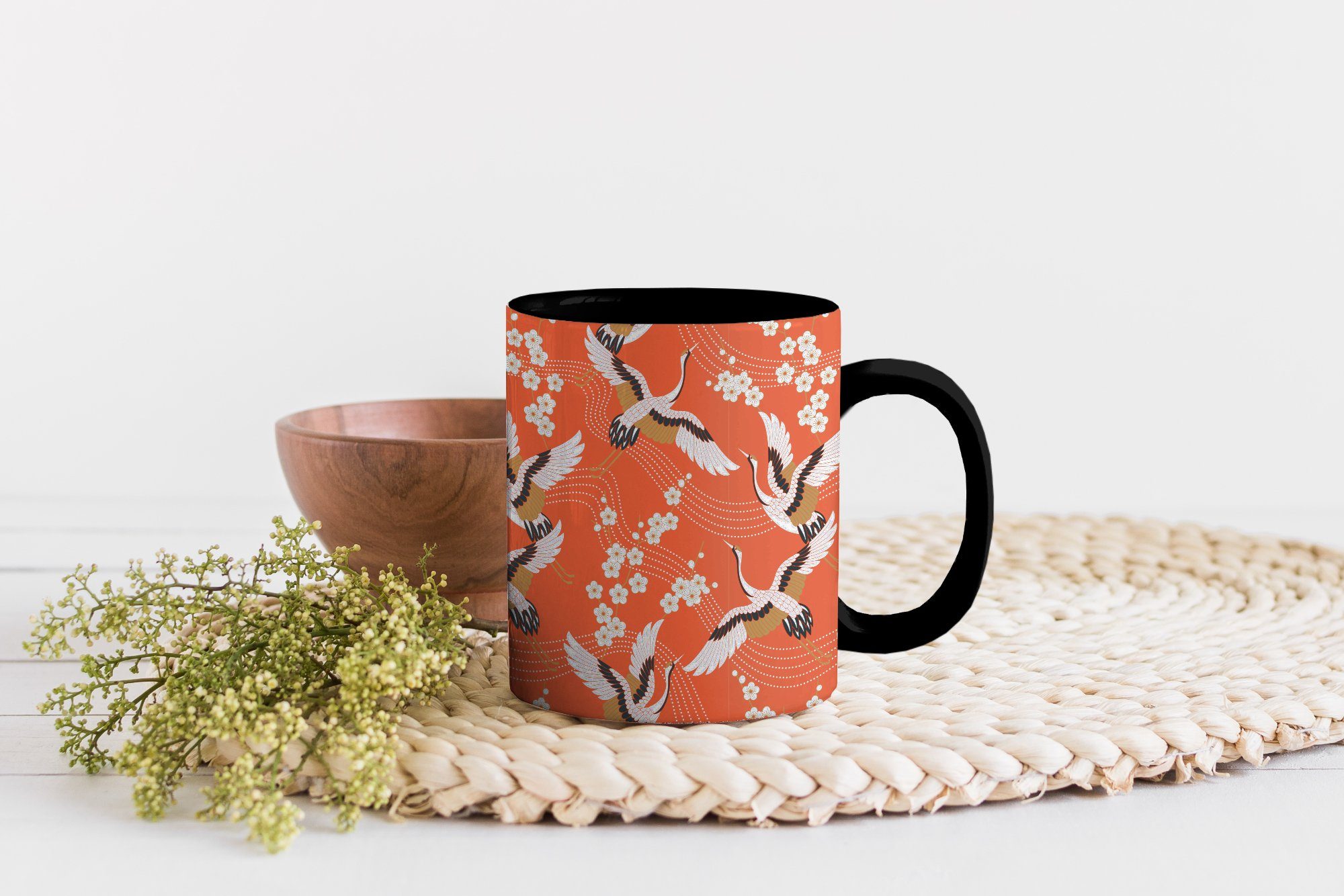 MuchoWow Tasse Kranich - Sakura Teetasse, Geschenk - Kaffeetassen, - Muster Farbwechsel, Keramik, Zaubertasse, Japanisch