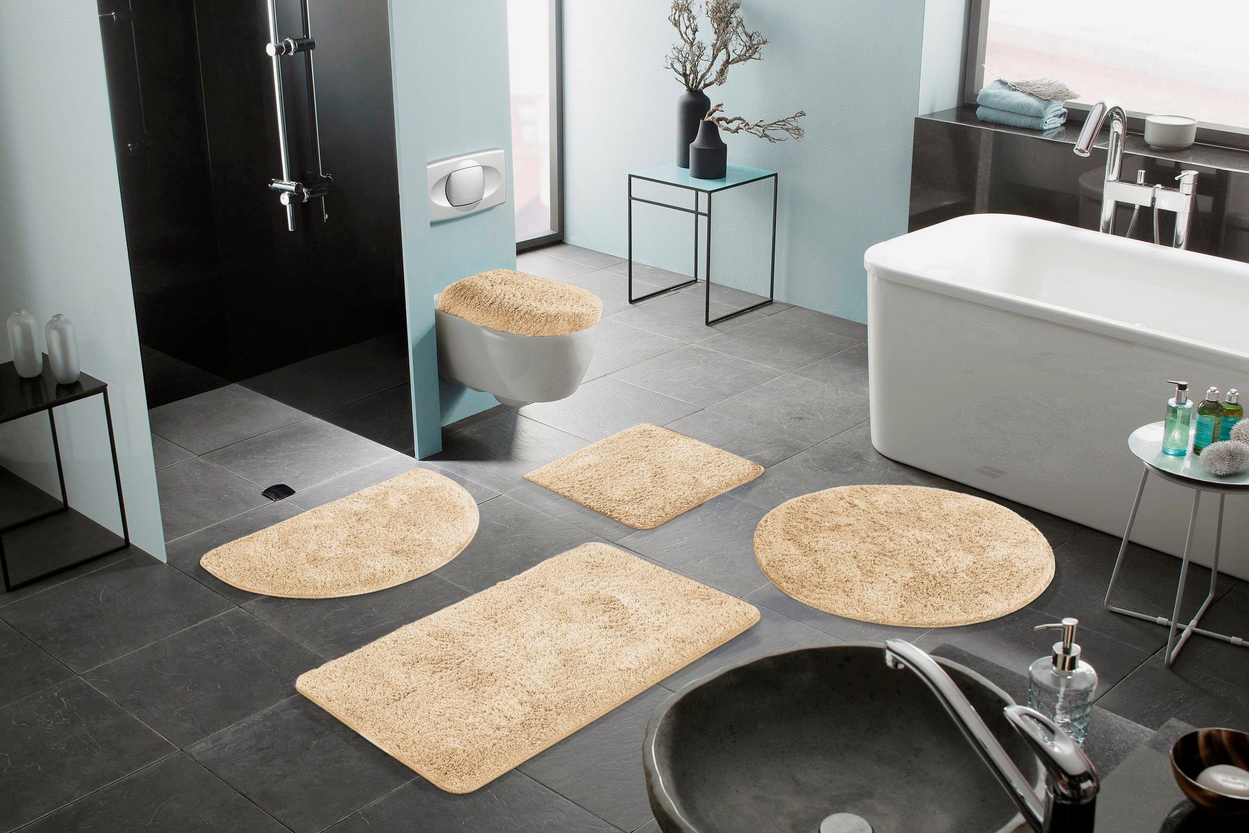 Bruno Banani Badematte Lana Standard, Badvorleger, Badezimmer Teppich, Höhe 25 mm, rutschhemmend beschichtet, schnell trocknend, strapazierfähig, fußbodenheizungsgeeignet, Polyacryl, rechteckig, 3-tlg. Hänge-WC Set, Badteppich, Badematten, unifarben, auch als 3 teiliges Set & rund