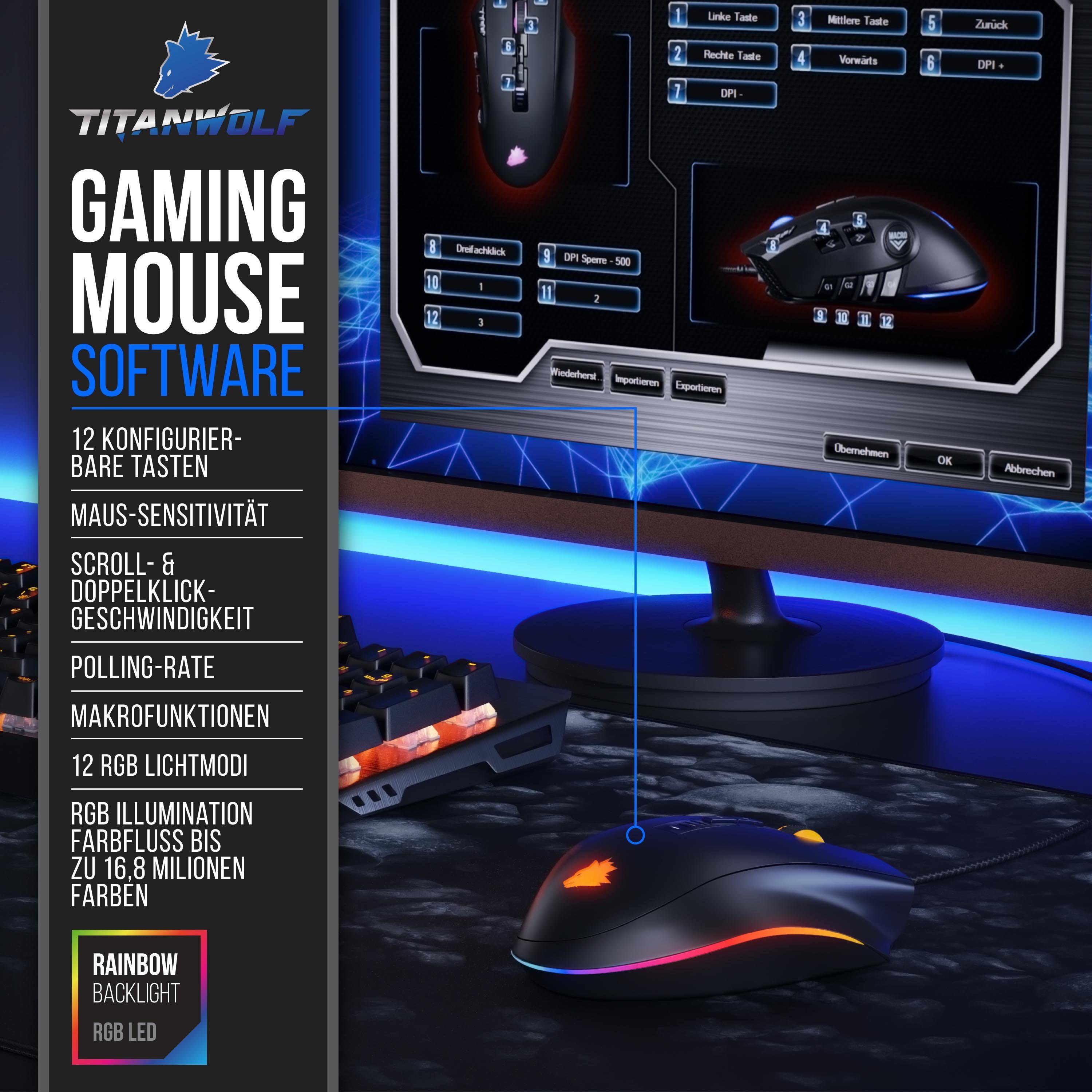 Titanwolf mit 24000 DPI & Gewichtstuning, 12 programmierbare Tasten, RGB Mäuse (kabelgebunden, 500 dpi, USB-Kabelgebunde Mouse, Sensor Avago 3360, Polling-Rate bis 1000 Hz)