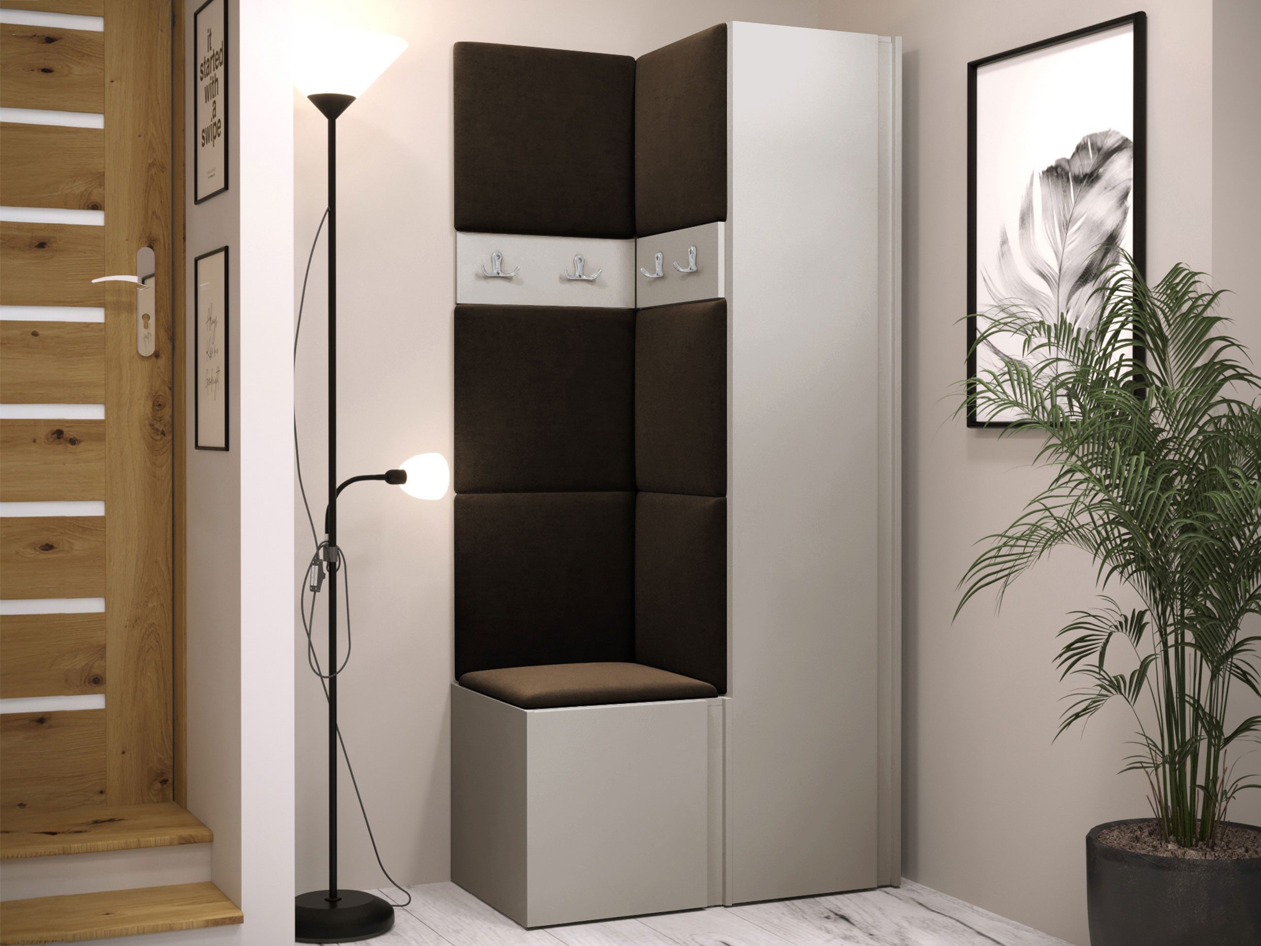 MIRJAN24 Garderoben-Set Orion XXIV, (Komplett-Set, Schuhschrank, Kleiderschrank, 2x Kleiderhakenbrett, 7x Paneel 42x42), Auswahl aus Fronten und Polsterplatten