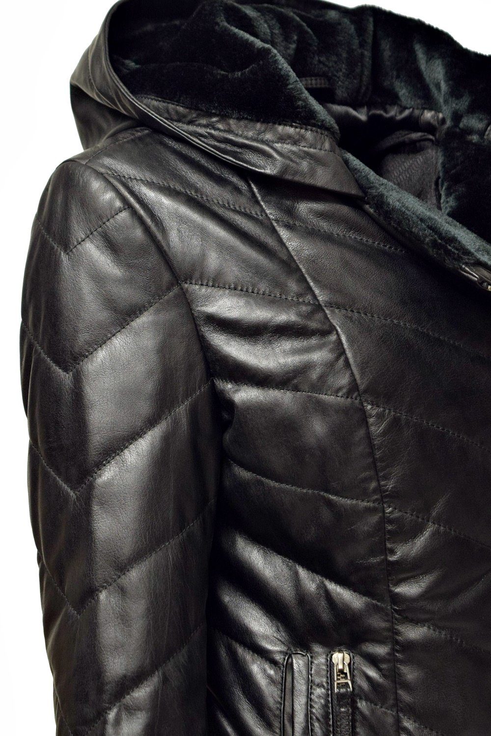 mit weichem Schwarz Leder Leather Mariella Kapuze aus Zimmert Stepp-Lederjacke Lederjacke
