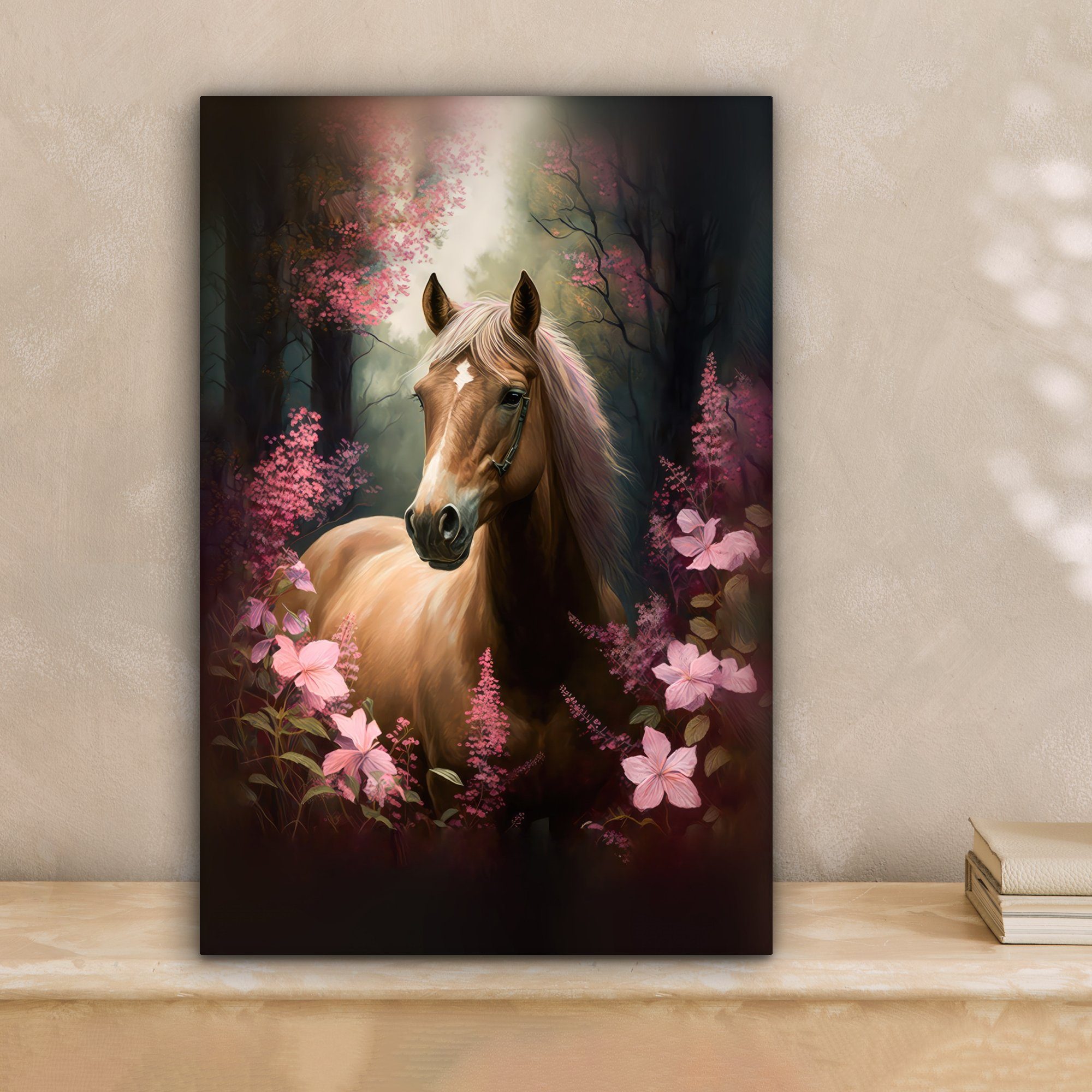 20x30 - (1 St), Zackenaufhänger, Leinwandbild Blumen - Pferd fertig Leinwandbild cm - Wald, Natur Gemälde, bespannt - Rosa inkl. OneMillionCanvasses®