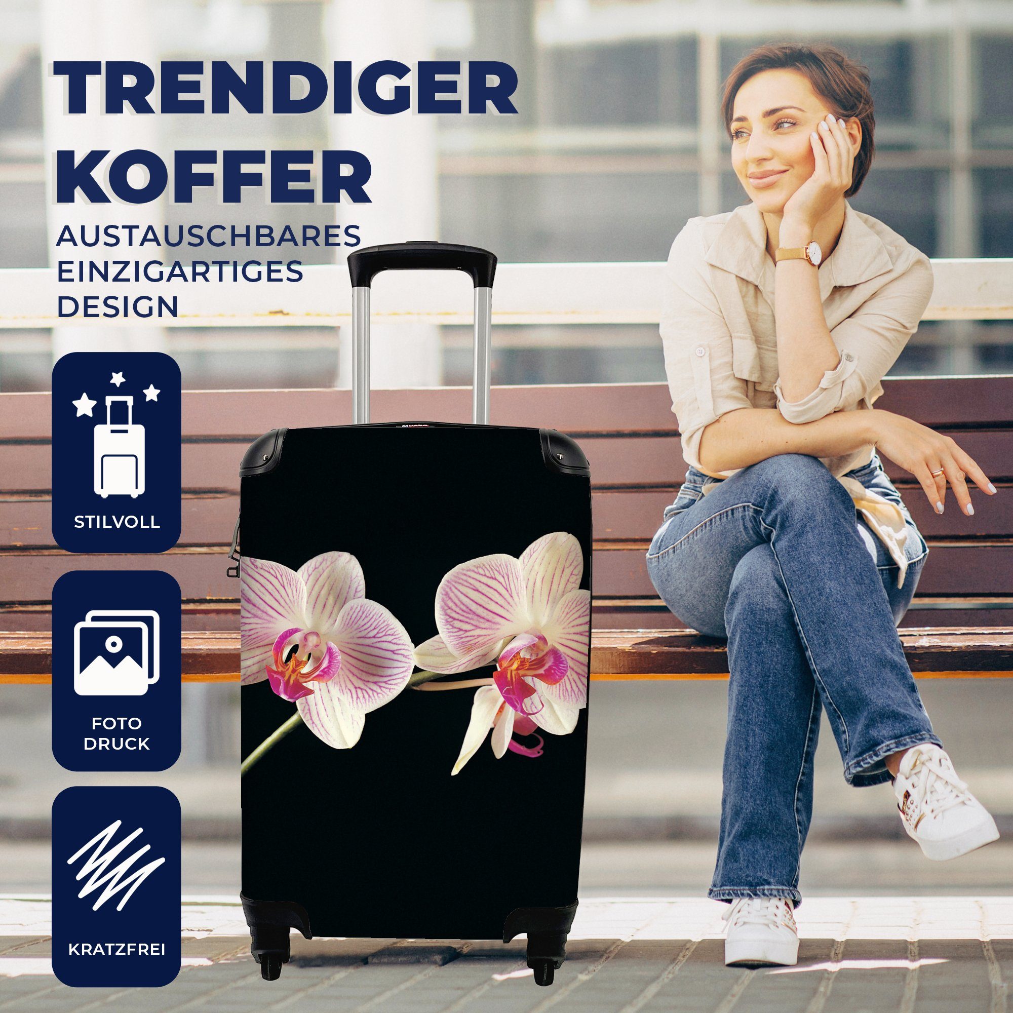 Handgepäck Rollen, mit Rosa Schwarz - Trolley, Knöpfe, Reisekoffer MuchoWow 4 - Reisetasche - rollen, Ferien, Orchidee Blumen für - Handgepäckkoffer