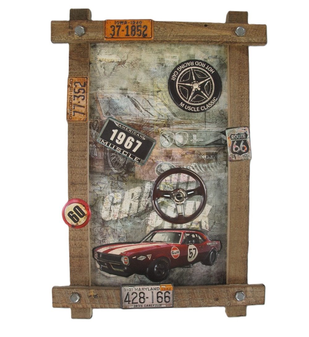 Linoows Holzbild Reklameschild Holz Werbeschild Oldtimer Autoschild, historisches Auto Rennen Schild 59x40 cm