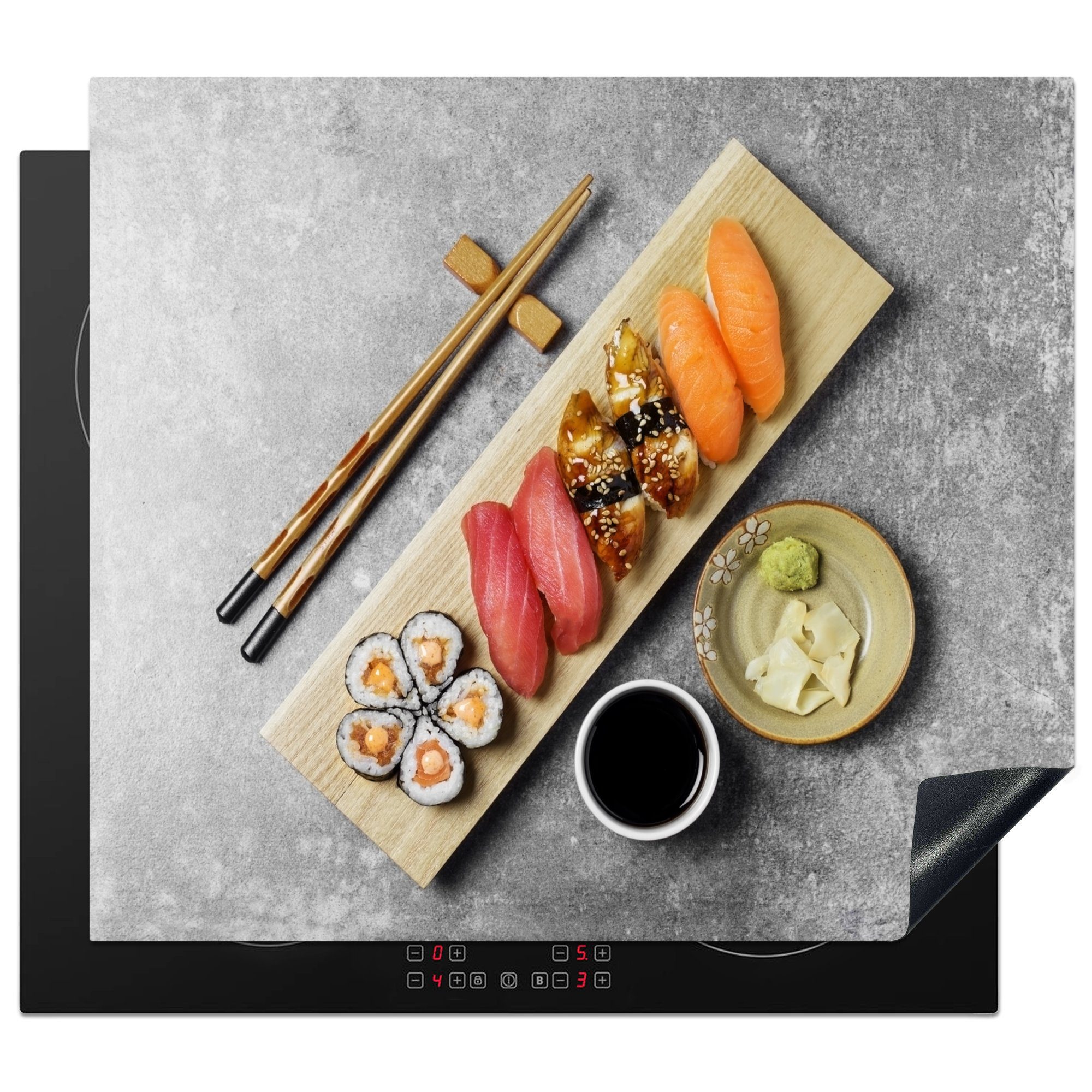 MuchoWow Herdblende-/Abdeckplatte Japanisches Sushi mit Stäbchen, Vinyl, (1 tlg), 60x52 cm, Mobile Arbeitsfläche nutzbar, Ceranfeldabdeckung | Herdabdeckplatten