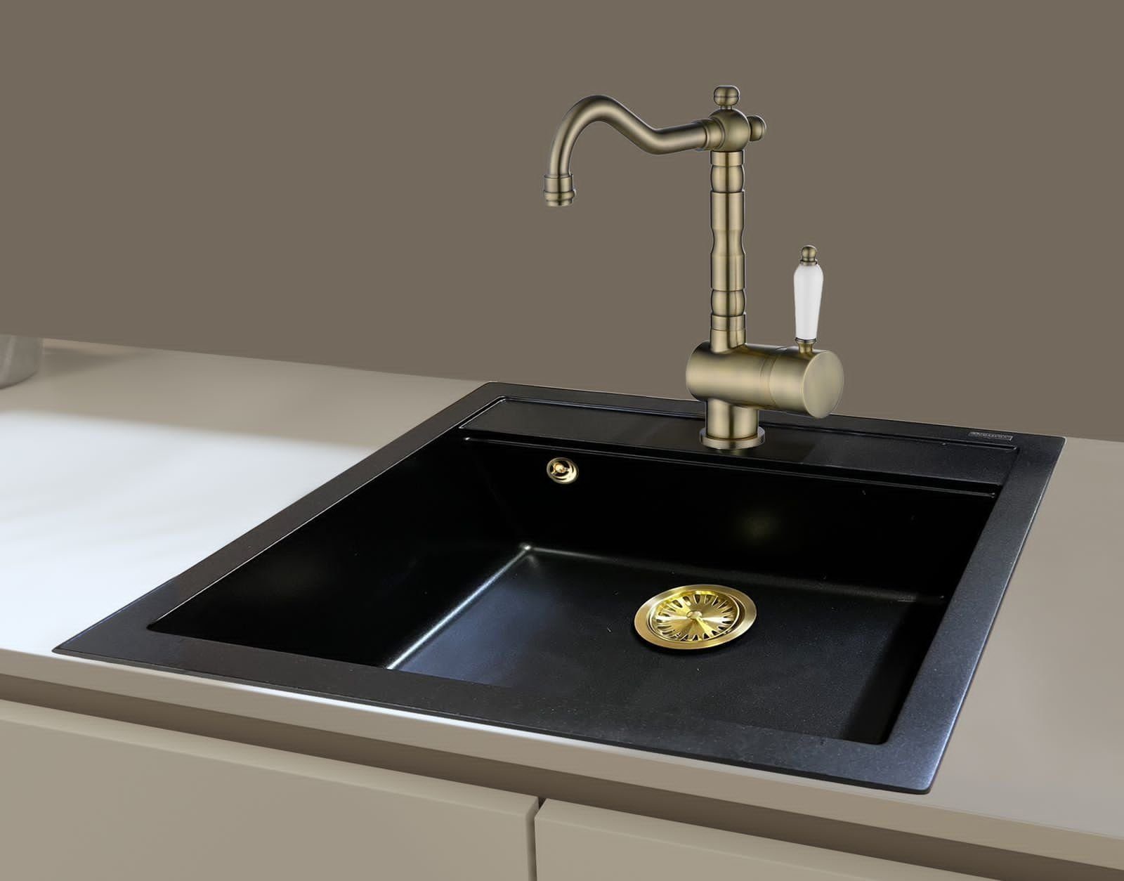 Thumbnail - GURARI Küchenspüle SQQ100 - 601 + TAP 2473-311/1, 56.5/51 cm, (2 St), Einbau Granitspüle, Spüle Retro Schwarz+Vintage, R...