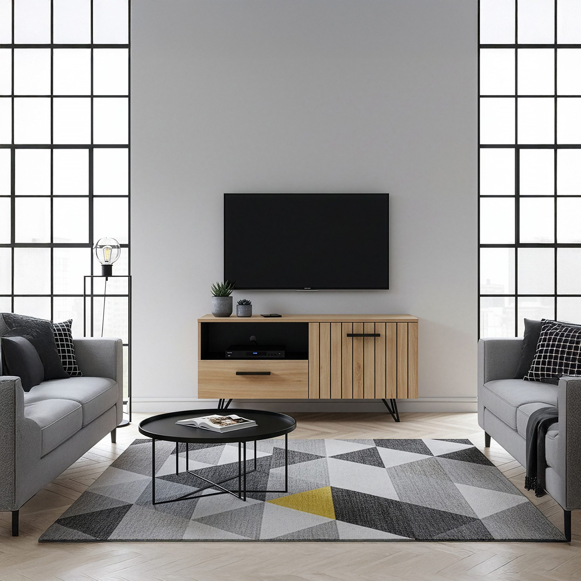 en.casa TV-Schrank »Noppen« mit Tür 100 x 38 x 49 cm Eicheoptik günstig online kaufen