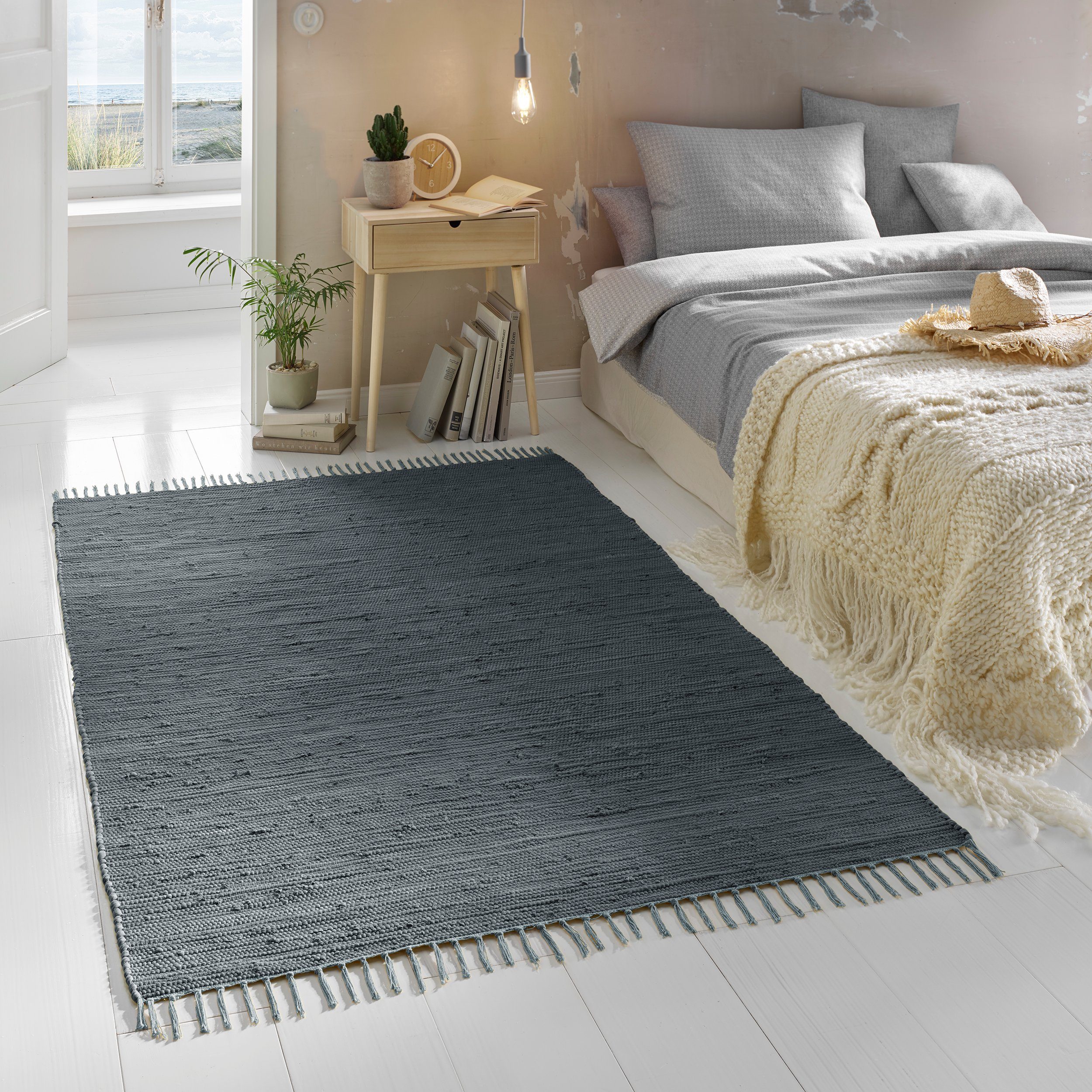 Teppich Flicken-Teppich 100% Baumwolle, TaCa Home, rechteckig, Höhe: 5 mm, Wohnzimmer Esszimmer Küche Flur Läufer 060x090cm anthrazit