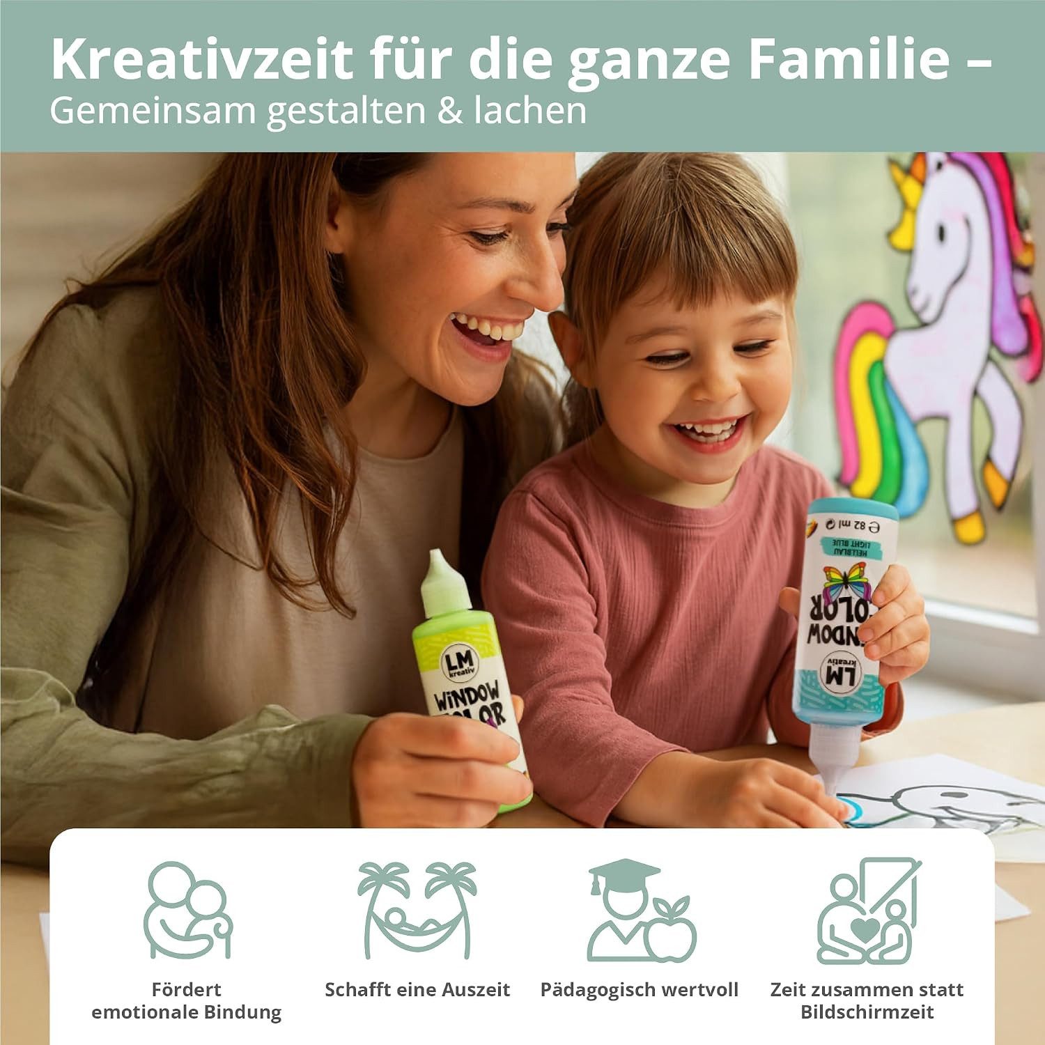 LM-Kreativ Bastelfarbe Window Color Set (17 x 80 ml Basic inkl. Konturfarbe & Malvorlagen), XXL-Set, wiederablösbar, inkl. Konturen, Folien & Vorlagenheft
