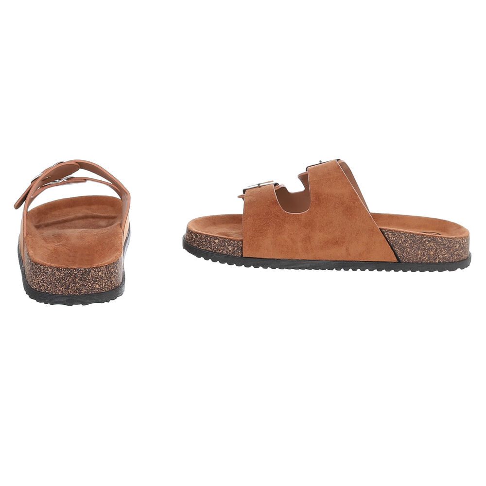 Ital-Design Damen Komfort Sandale mit Schnallen für Freizeit und Alltag Pantolette (91117291) Flach Pantoletten in Camel