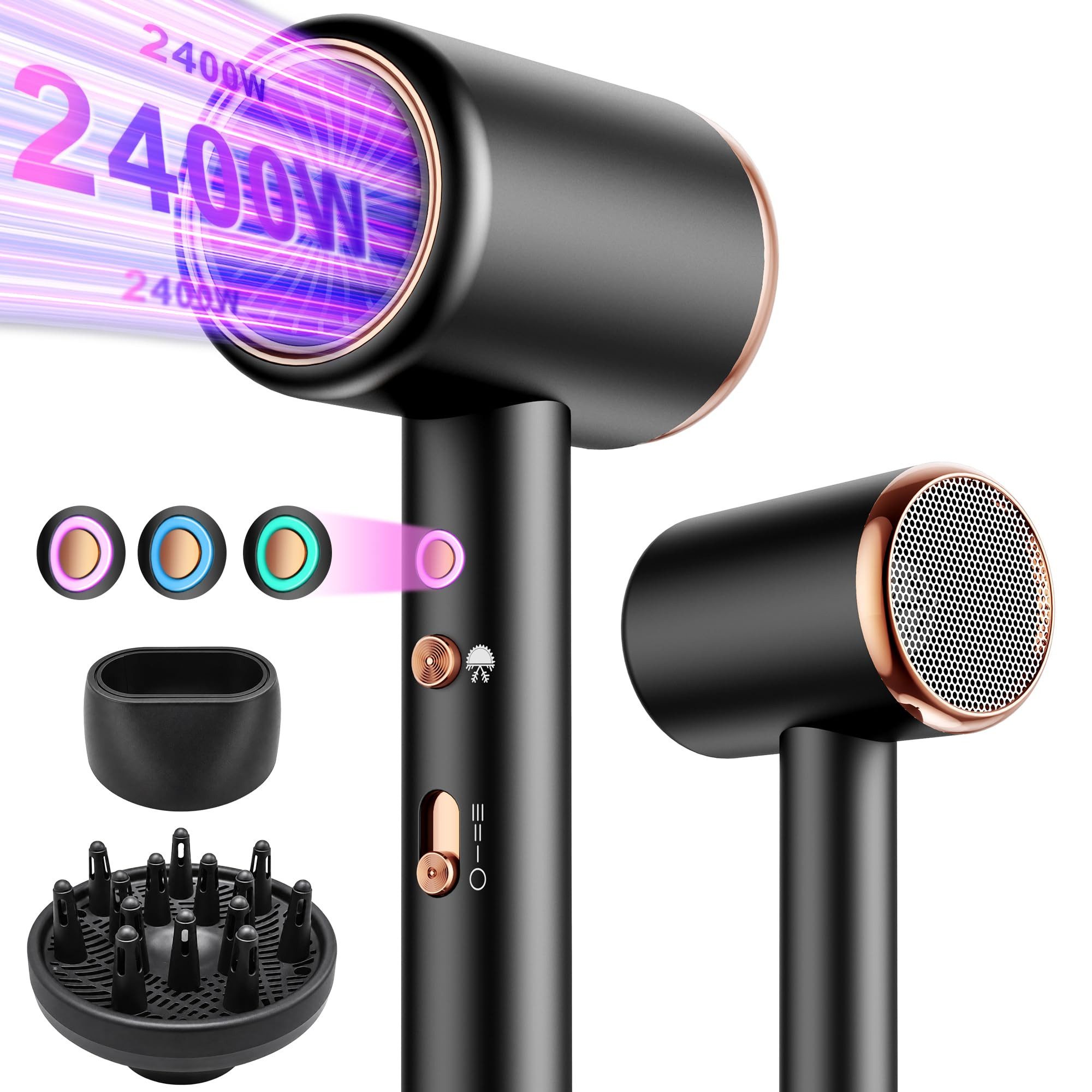 Forrlite Haartrockner 2026 Neues Haartrockner,Föhn Ionen mit Diffusor 2400W AC Motor, 2400 W, 3 Stylingdüsen Professional Ionen Haartrockner Haartrockner, Haartrockner 2400W, Professioneller Haarföhn mit 3 Hitze-Einstellungen