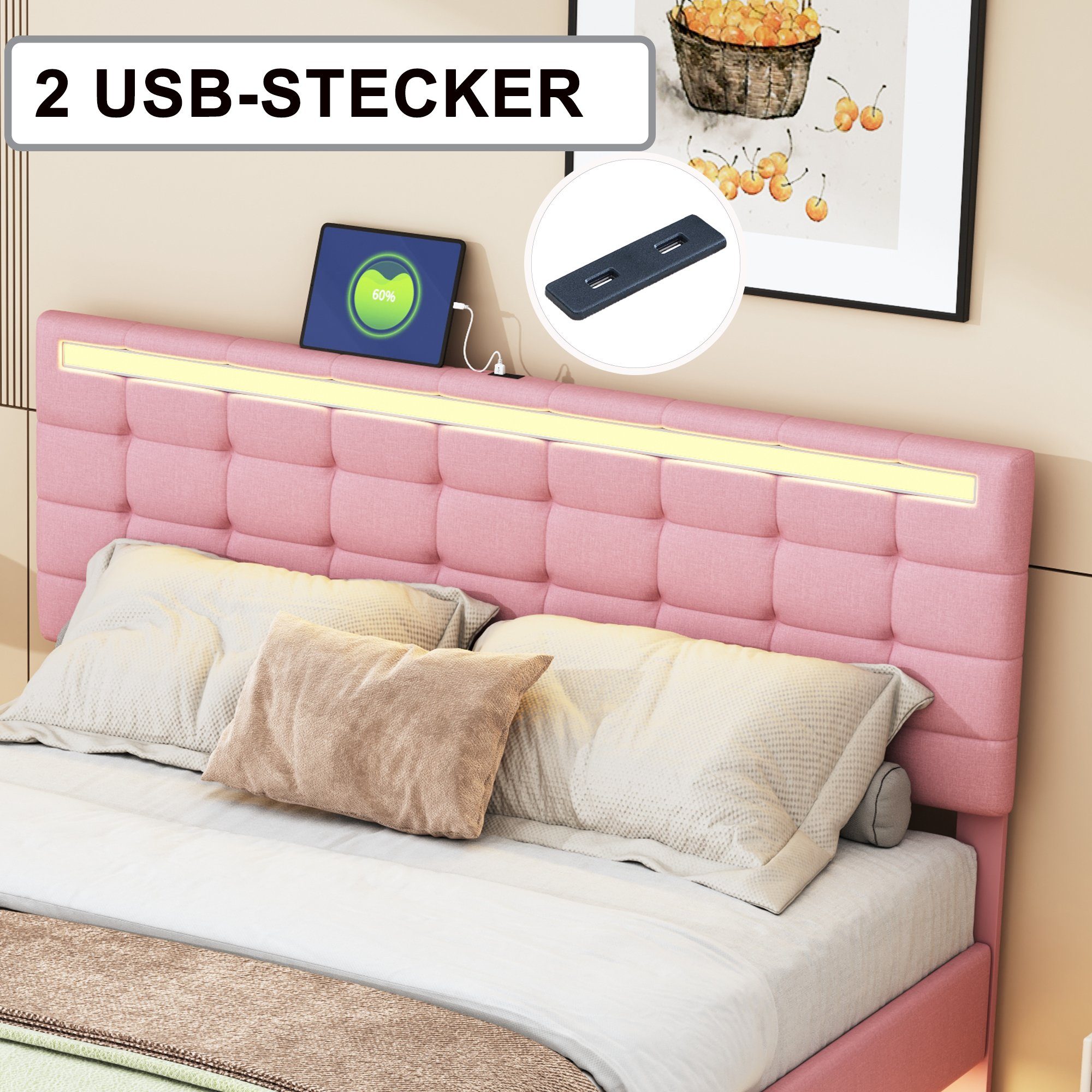 Polsterbett (LED Doppelbett), mit USB Ladefunktion und höhenverstellbarem Kopfteil 160x200cm, Leinen