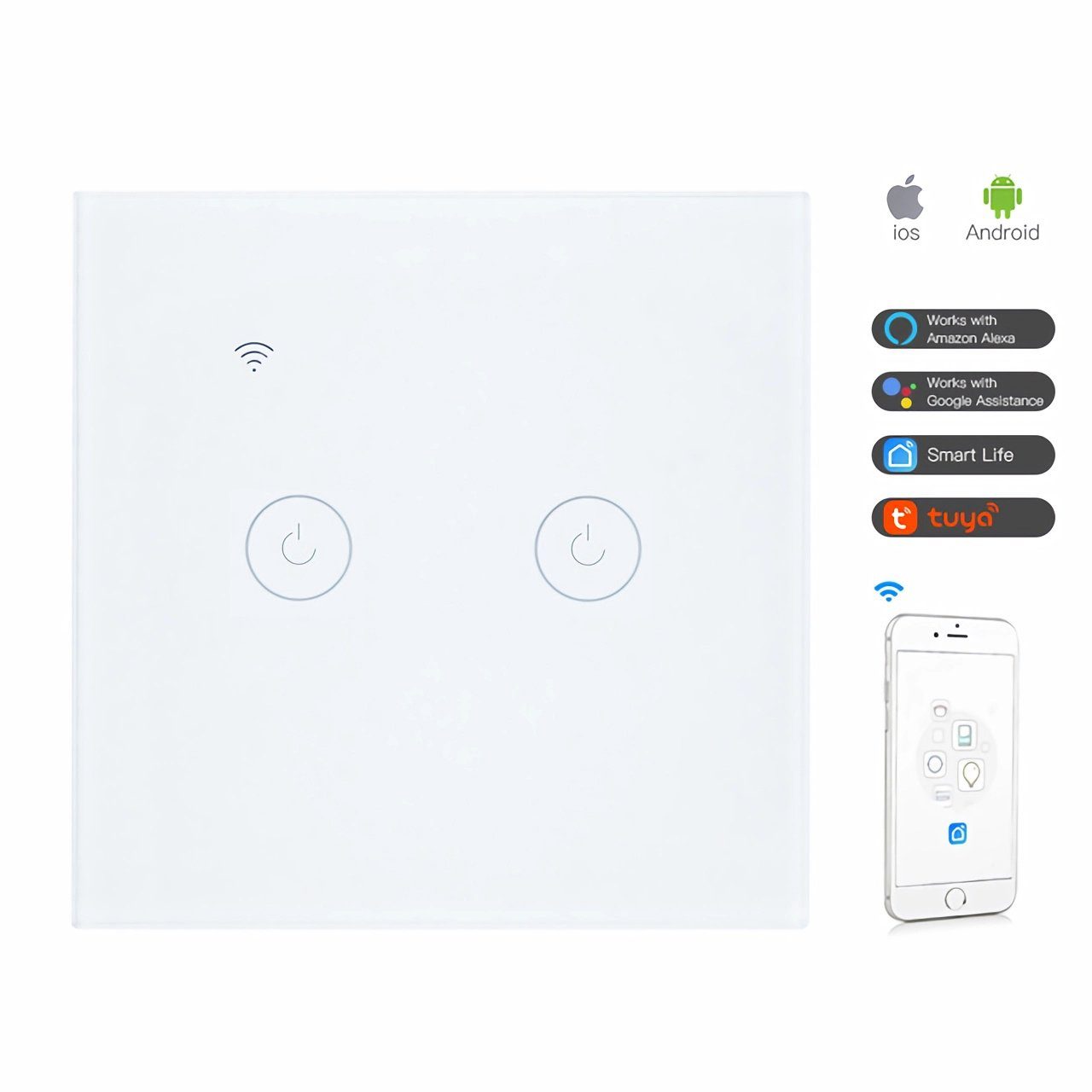 Bolwins Lichtschalter B00C Smart WLAN Lichtschalter 2-fach für Alexa & Google Home (Packung, 1-St., 1x Smart WiFi Lichtschalter, 2x Schraube), Touch-Bedienung,  – Bild 2 von 5