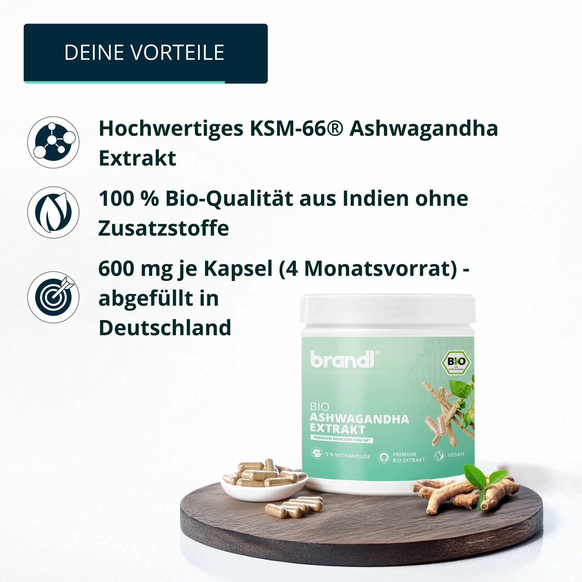Brandl Nutrition BIO Ashwagandha Extrakt KSM66 - ohne Zusatzstoffe, 600 mg pro Kapsel Kapseln, Bio Qualität, Premium Extrakt hochwertiges KSM 66, laborgeprüft