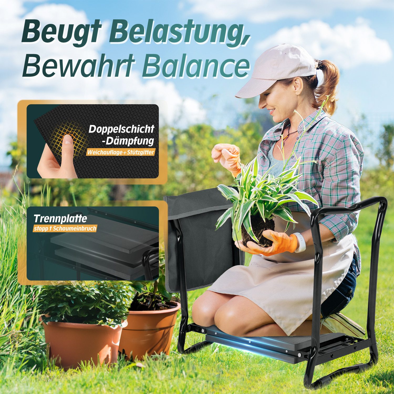 Sekey Kniebank 2 in 1 XXL Kniebank für Gartenarbeit Gepolstert Gartenhocker Klappbar, 2 in 1 Höhenverstellbar Gartenbank mit Werkzeugtasche 60 x 49 x 27,5cm
