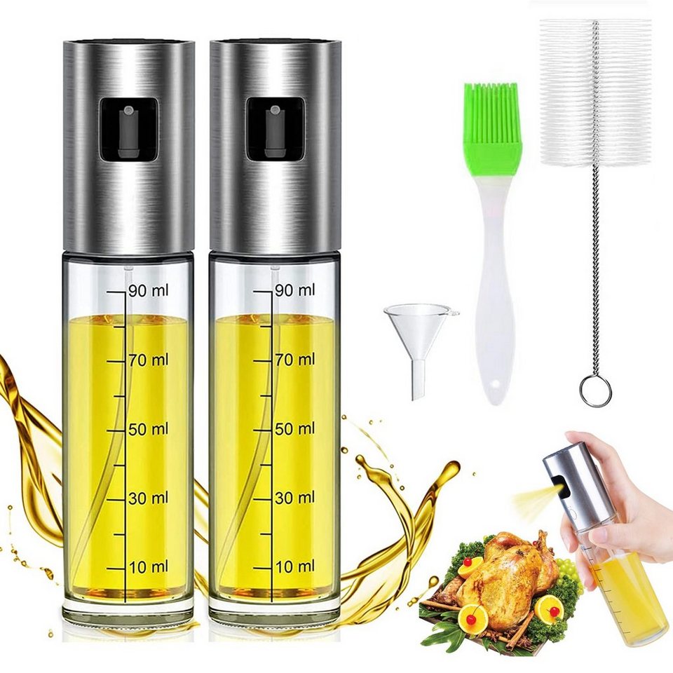 CALIYO Sprühflasche 2 Stück Ölsprüher Flasche 100ML, Öl Sprühflasche, Essig  Spritzer Ölspender, Transparent Öl Sprayer mit Bürste für Kochen,  Heißluftfritteuse, Salat, Grill Zubehör, 0,10 Liter