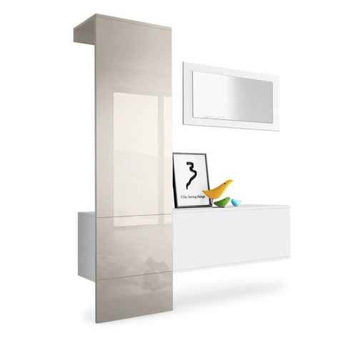 Vladon Garderoben-Set Carlton, (Wandgarderobe bestehend aus, 3-St., 1 Paneel, 1 Schrankmodul und 1 Wandspiegel), Weiß matt/Sandgrau Hochglanz (156 x 193 x 35 cm)