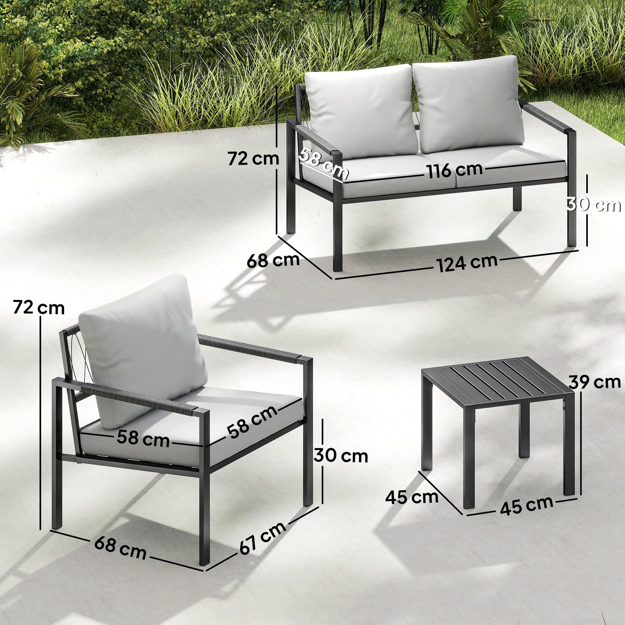 Outsunny Sitzgruppe mit 2er Sofa, Sessel, Sitzkissen, Beistelltisch, (Sitzgruppe, 5-tlg., Balkonmöbel-Set), für Garten Terrasse Balkon Hellgrau