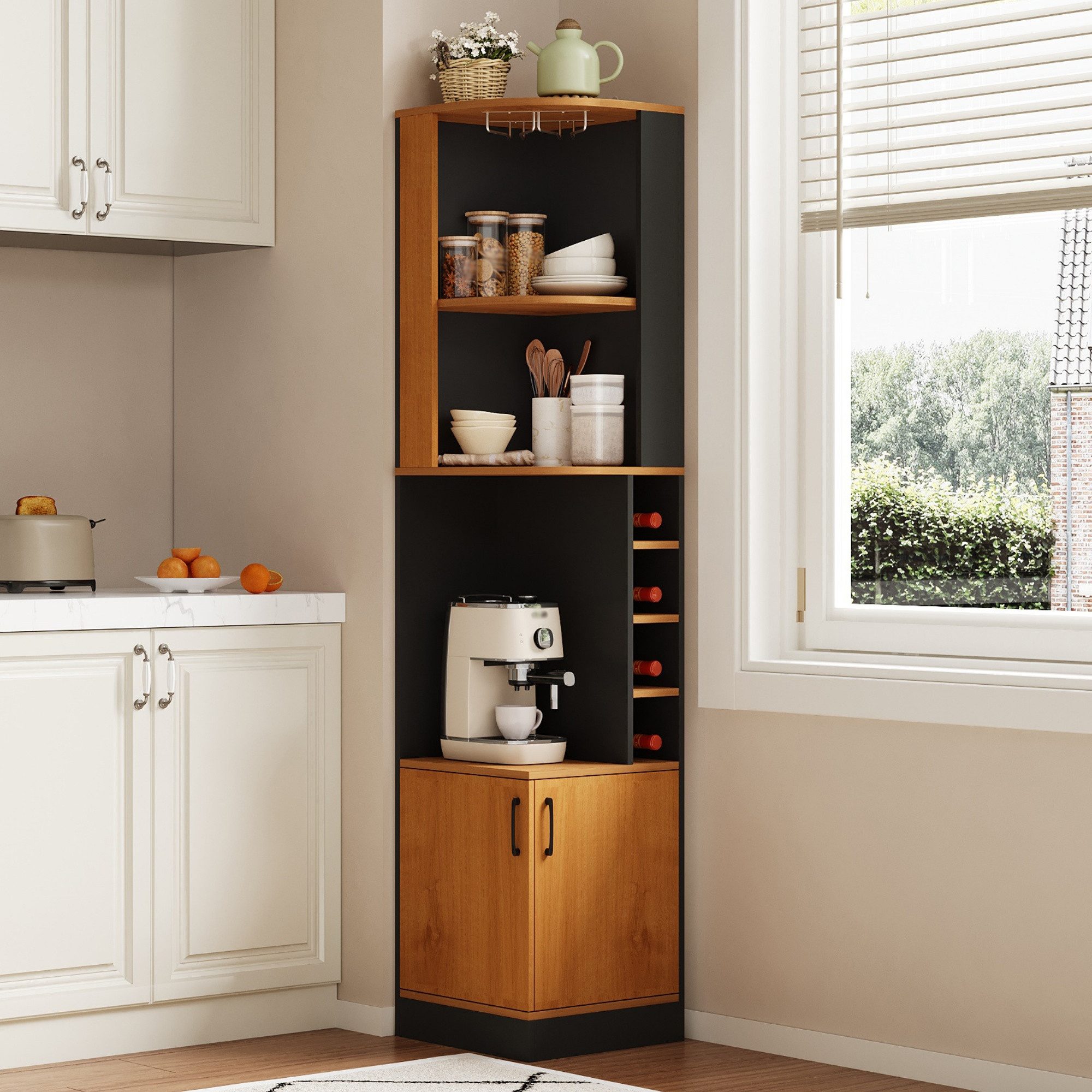 HAUSS SPOLE Eckvitrine mit Weinglasregal,freistehend Bartheke Hochschrank 40×40×182cm,Schwarz (Wohnzimmerschrank mit geschlossenem Unterschrank und offenen Regalfächern für Esszimmer, Küche und Wohnzimmer) Bücherregal Beistellschrank mit Edelstahl-Weinglashalter