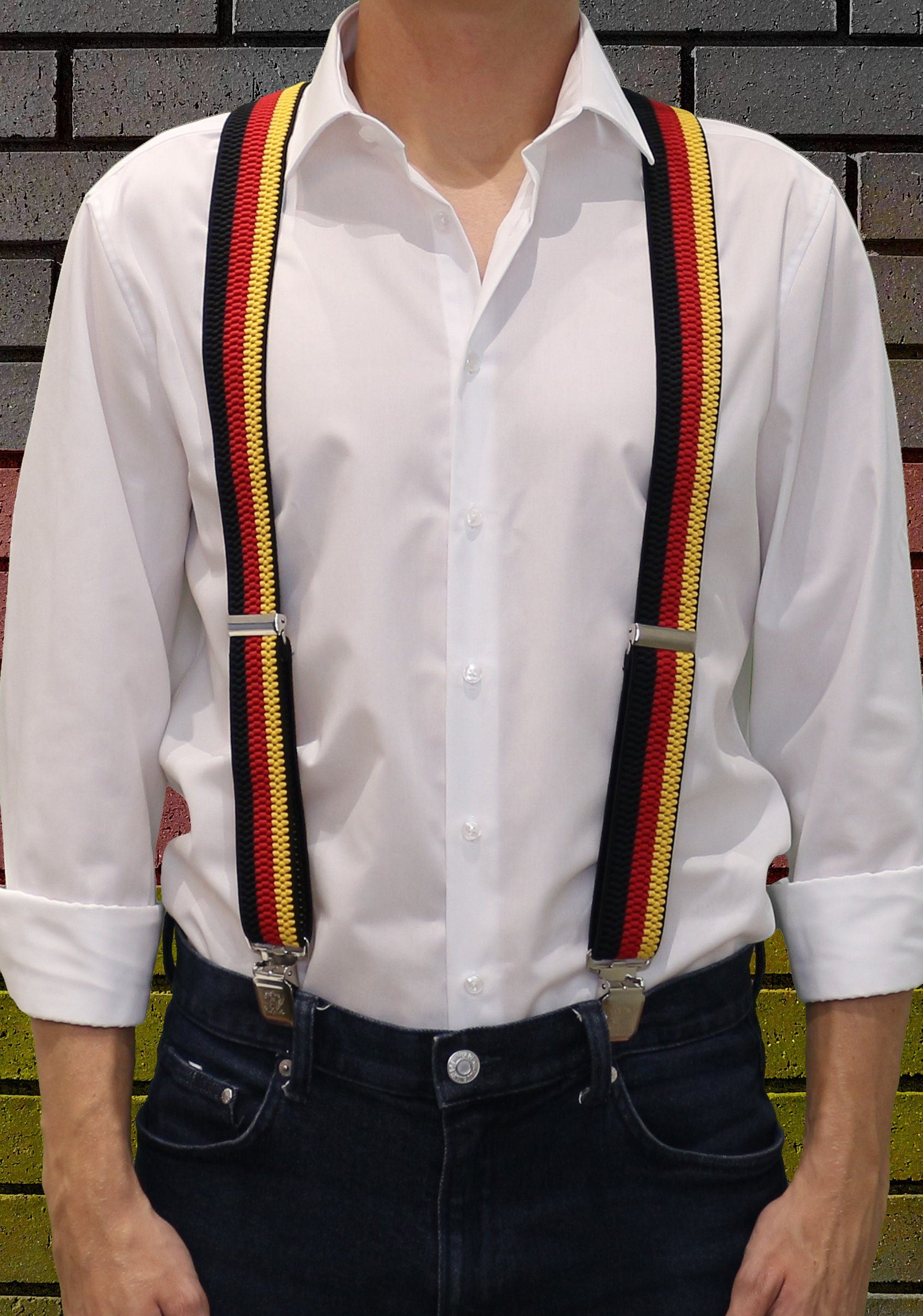 Fabio Farini Hosenträger 4cm Breites Y-Design verstellbar mit extra starken Clipverschluss, Schwarz/Rot/Gelb