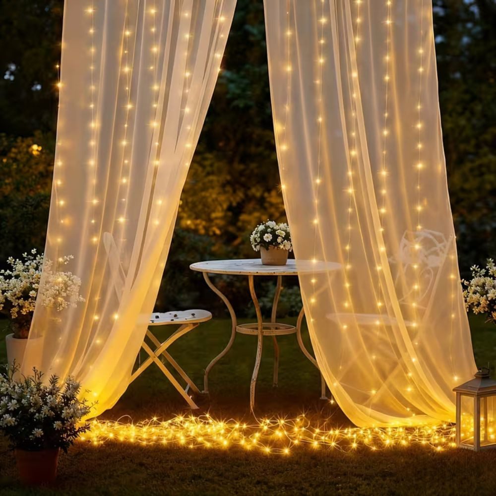 Wrischan Lichterkette Lichtervorhang 3x3m Warmweiß USB Lichterkette Vorhang Fenster 300 LED, 8 Beleuchtungsmodi, Fernbedienung, USBbetrieben, Warmweiß, langlebig