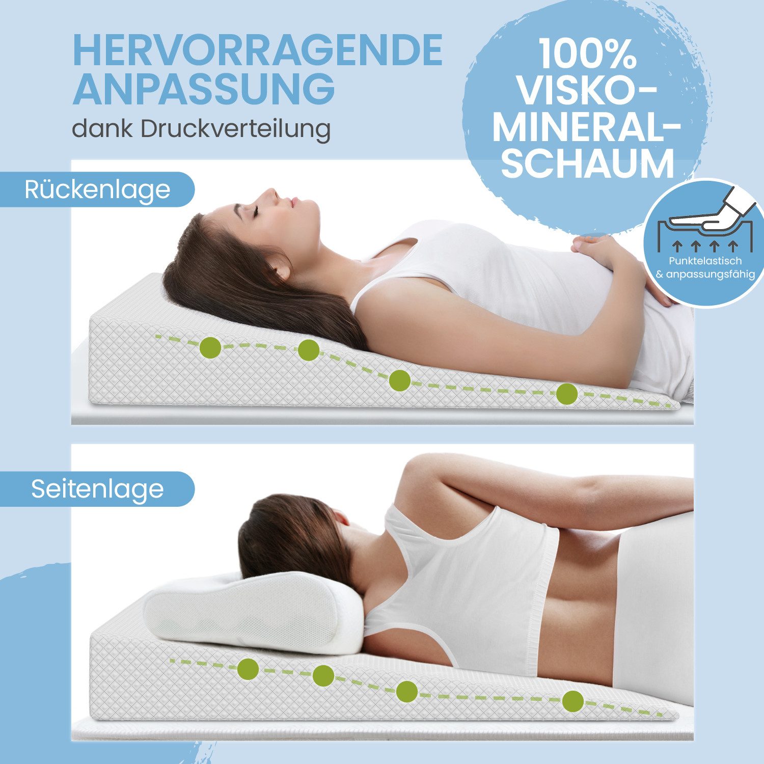 Matratzenkeil / Bettkeilkissen 90x100cm, versch. Größen, Visko, waschbarer Bezug ELONEO, Matratzenerhöhung, waschbar, für Hausstauballergiker geeignet