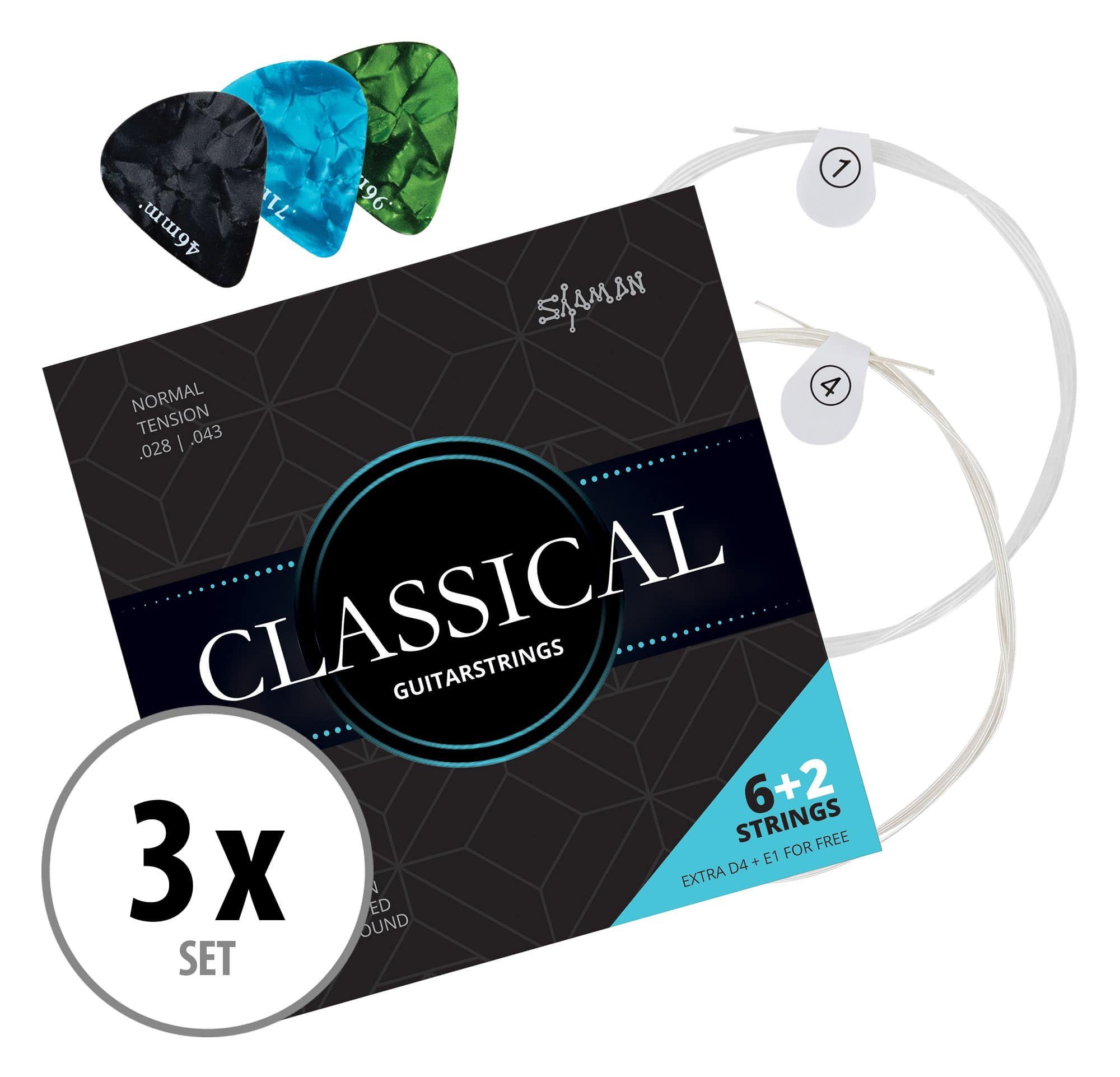 Shaman Saiten 3er-Set Classical Konzertgitarren-Saiten Medium mit Ersatzsaiten, (Spar-Set, 3-tlg), plus 2 Ersatz-Saiten D4-Saite und extra hohe E1-Saite