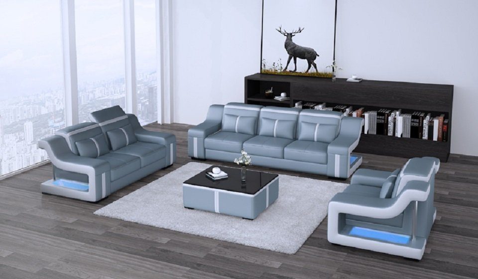 JVmoebel Europe Polster in Made Leder Design 3tlg., Komplett Sofa Set Grau/Weiß Sofagarnitur Sofa Couch 3+2+2