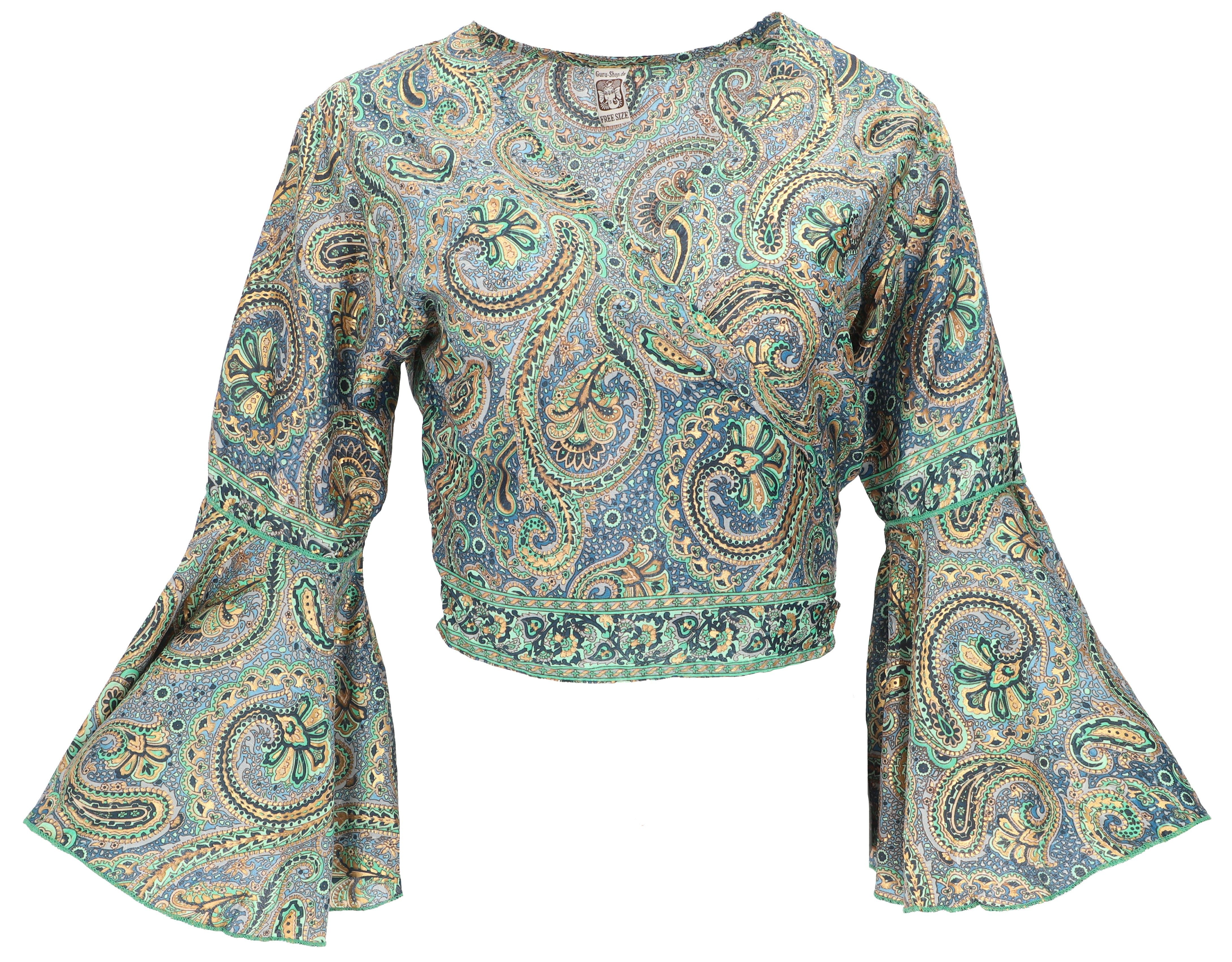 Guru-Shop Longbluse Kurztop, Boho Blusentop, Wickeltop, Wickelbluse.. Festival, Ethno Style, alternative Bekleidung