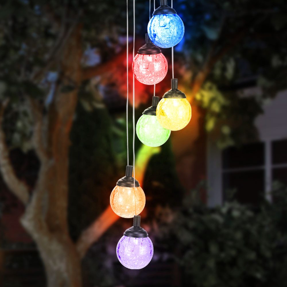 Haushalt International Außen-Deckenleuchte, LED-Leuchtmittel fest verbaut, Farbwechsel, RGB LED Solar Windspiel Hänge Leuchte Garten Außen Crackle Glas Kugel