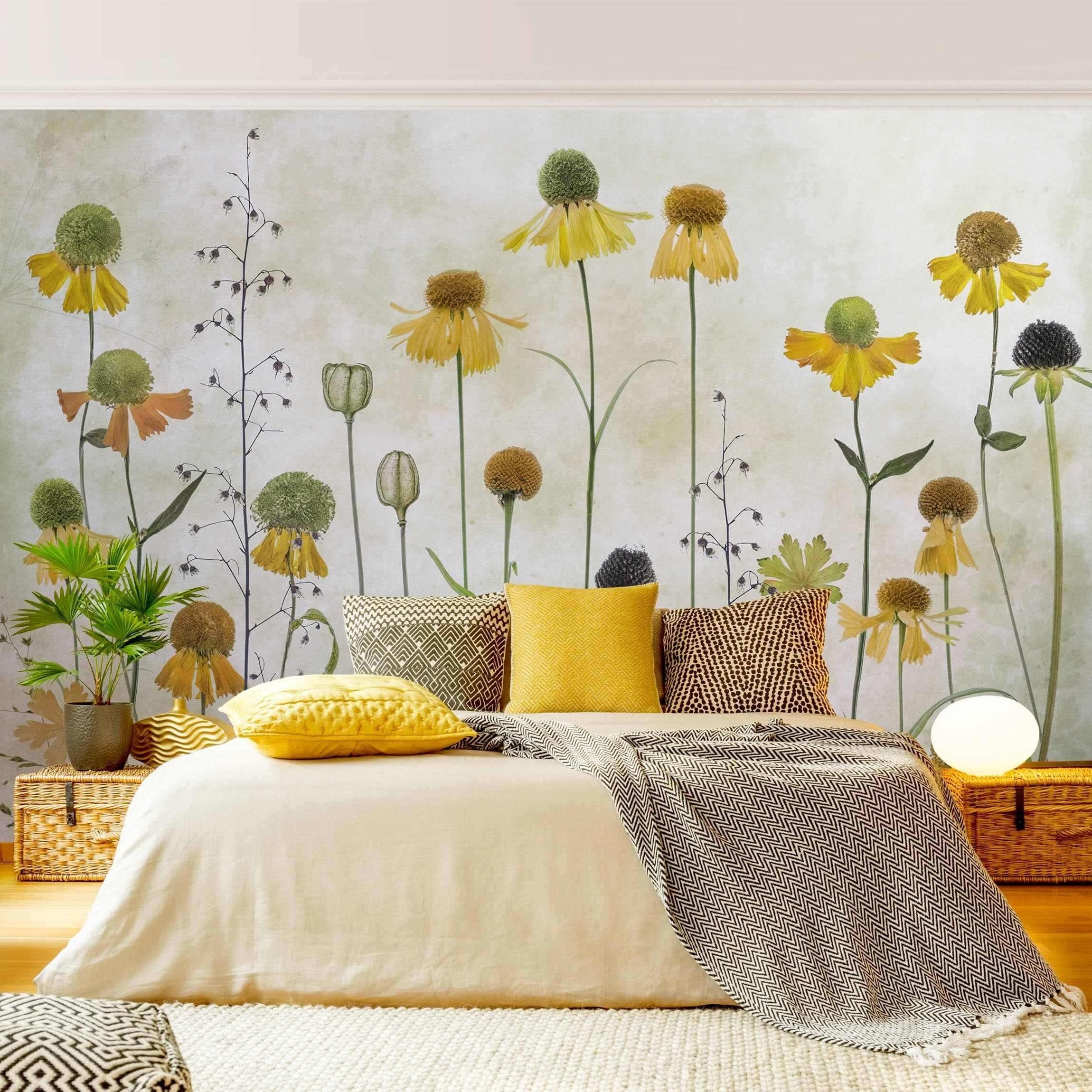 Bilderdepot24 Fototapete Blumen Helenium Blüten Blumentapete Floral Natur Vintage Kunst Gelb, Glatt, Matt, (Vliestapete inkl. Kleister oder selbstklebend), Wohnzimmer Schlafzimmer Küche Flur Motivtapete Vliestapete Wandtapete
