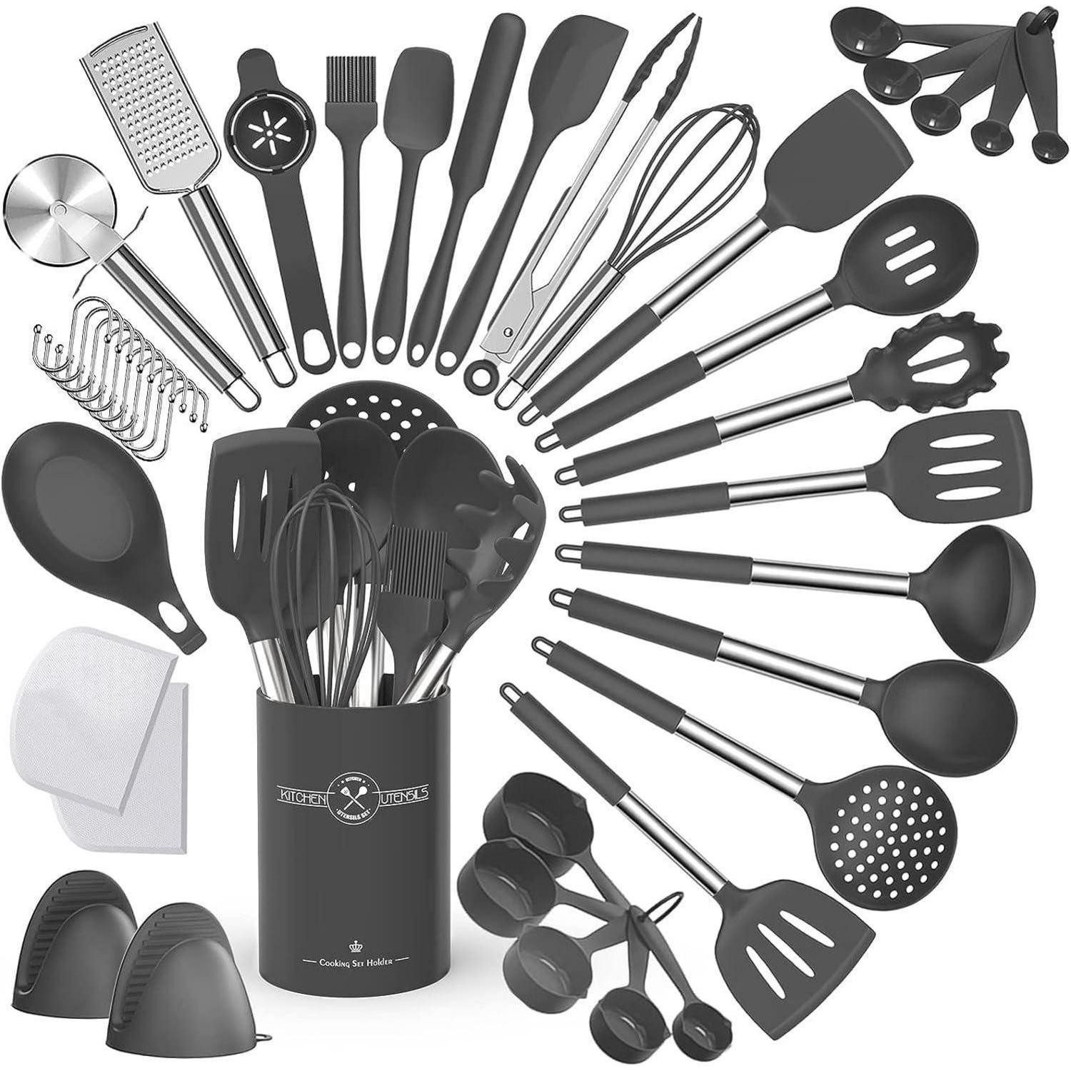 Terlulu Kochbesteck-Set 34-teiliges Silikon Kochbesteck Set mit Utensilienhalter, Antihaft