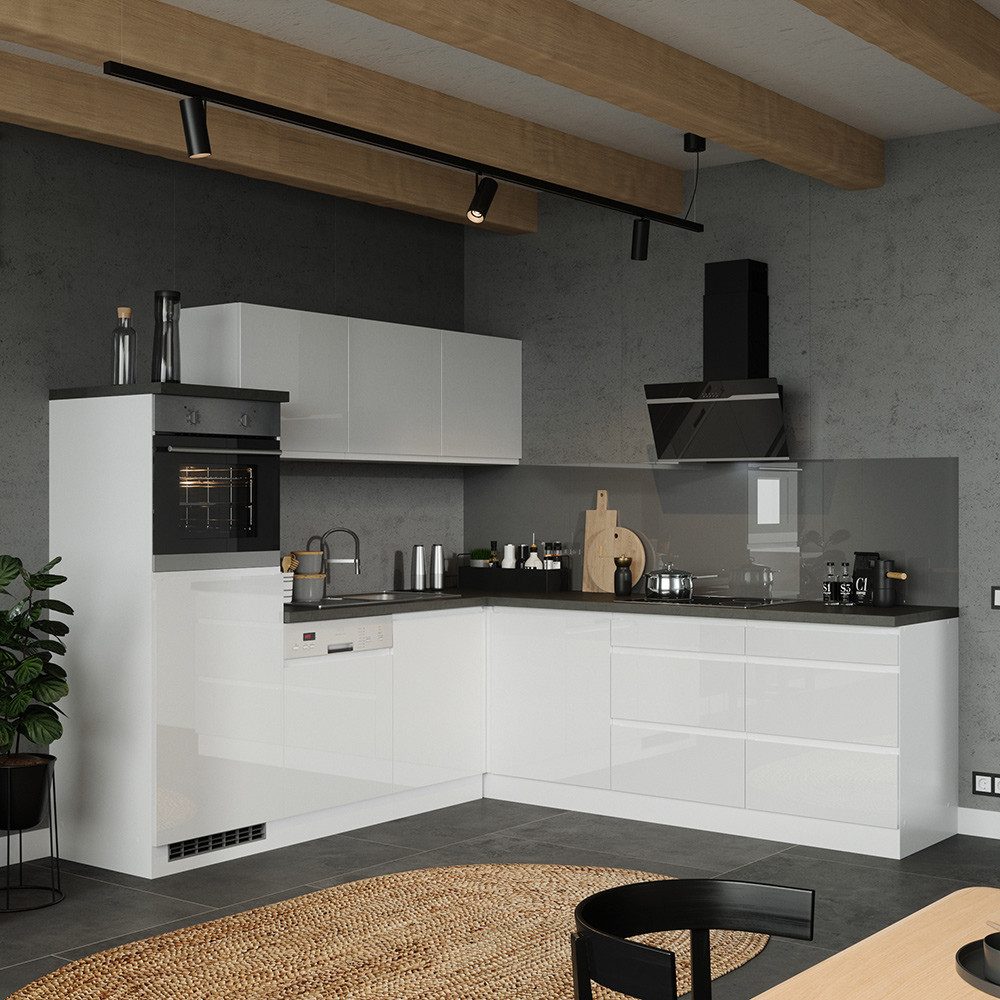 Lomadox Küchenzeile MARSEILLE-03, Winkelküche 240/240cm, Hochglanz weiß & B günstig online kaufen