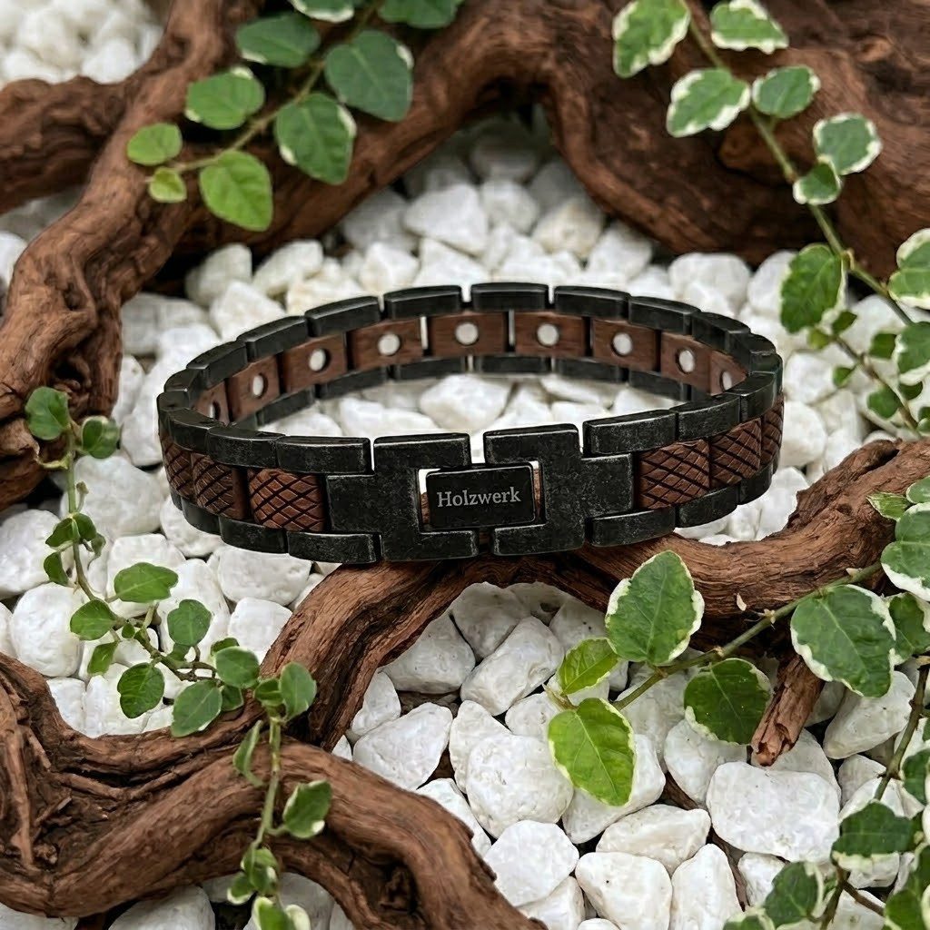 Holzwerk Edelstahlarmband Magnet Holz Armband, Armkette Gliederarmband, inklusive Armbandkürzer, Holz Unikate, ideal auch als Geschenk – Bild 2 von 5