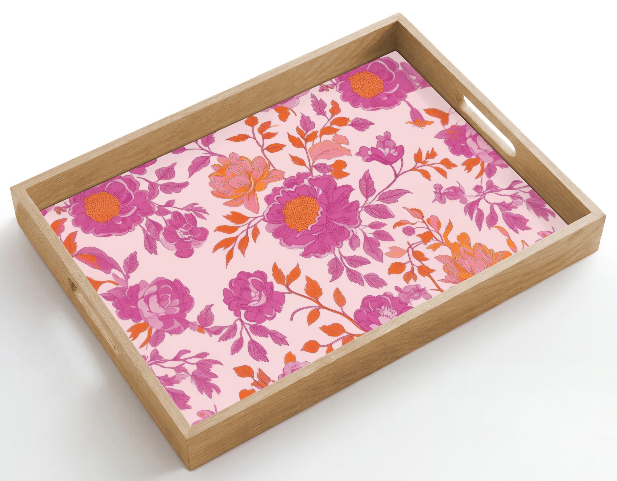 OnlyWow Tablett Rechteckig mit Henkel Florales Muster - Rosa - Orange - Blumen, Eichenholz, (1-tlg), Servierbrett Groß, Tischdeko, Platte, Tisch Deko