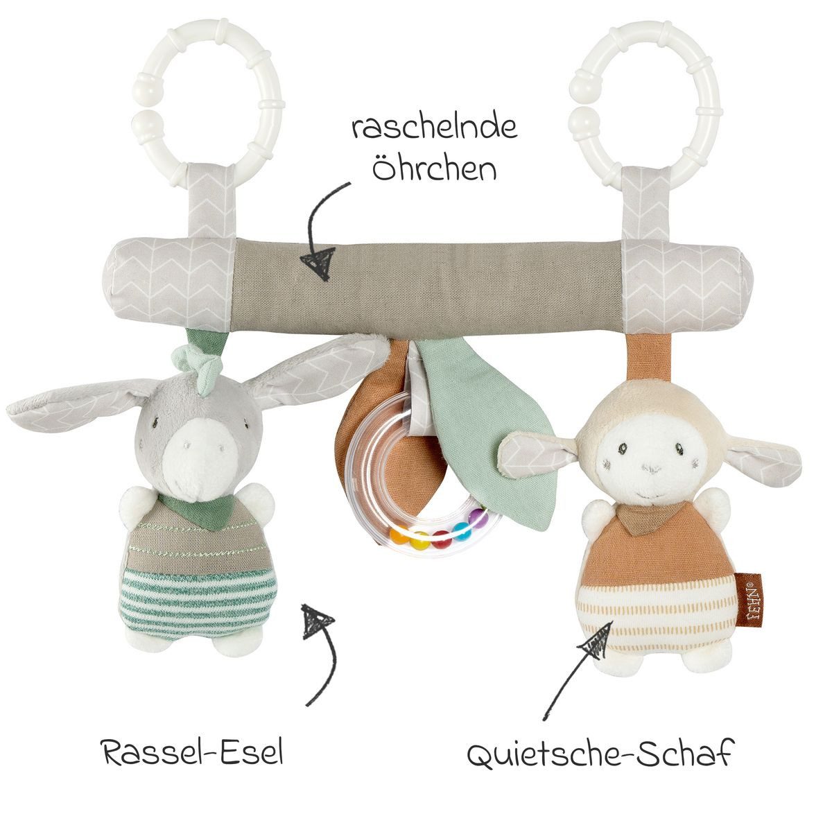 Fehn Greifspielzeug Esel & Schaf Activity-Trapez, zum Aufhängen - Stoff-Lernspielzeug mit Rassel und Quietsche