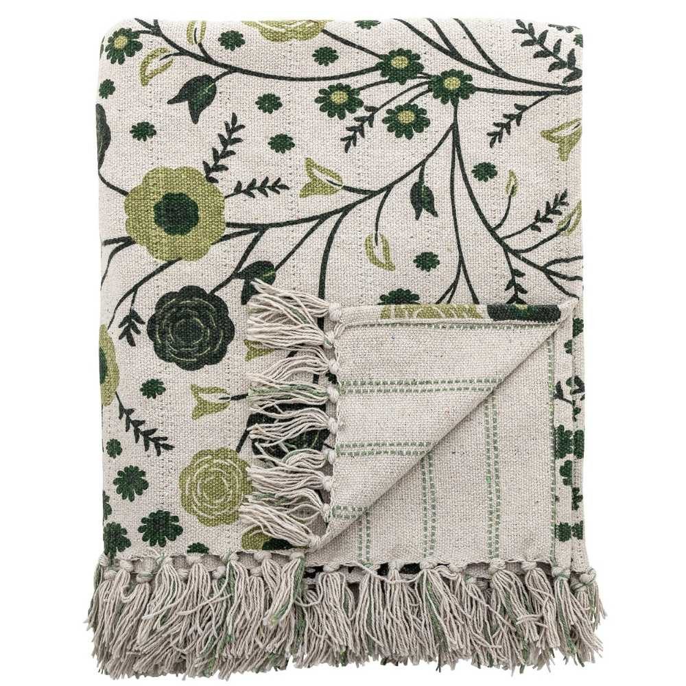 Wohndecke Bloomingville EYDIS Blumen und Ranken in Grün mit Fransen 160x130 cm, Bloomingville