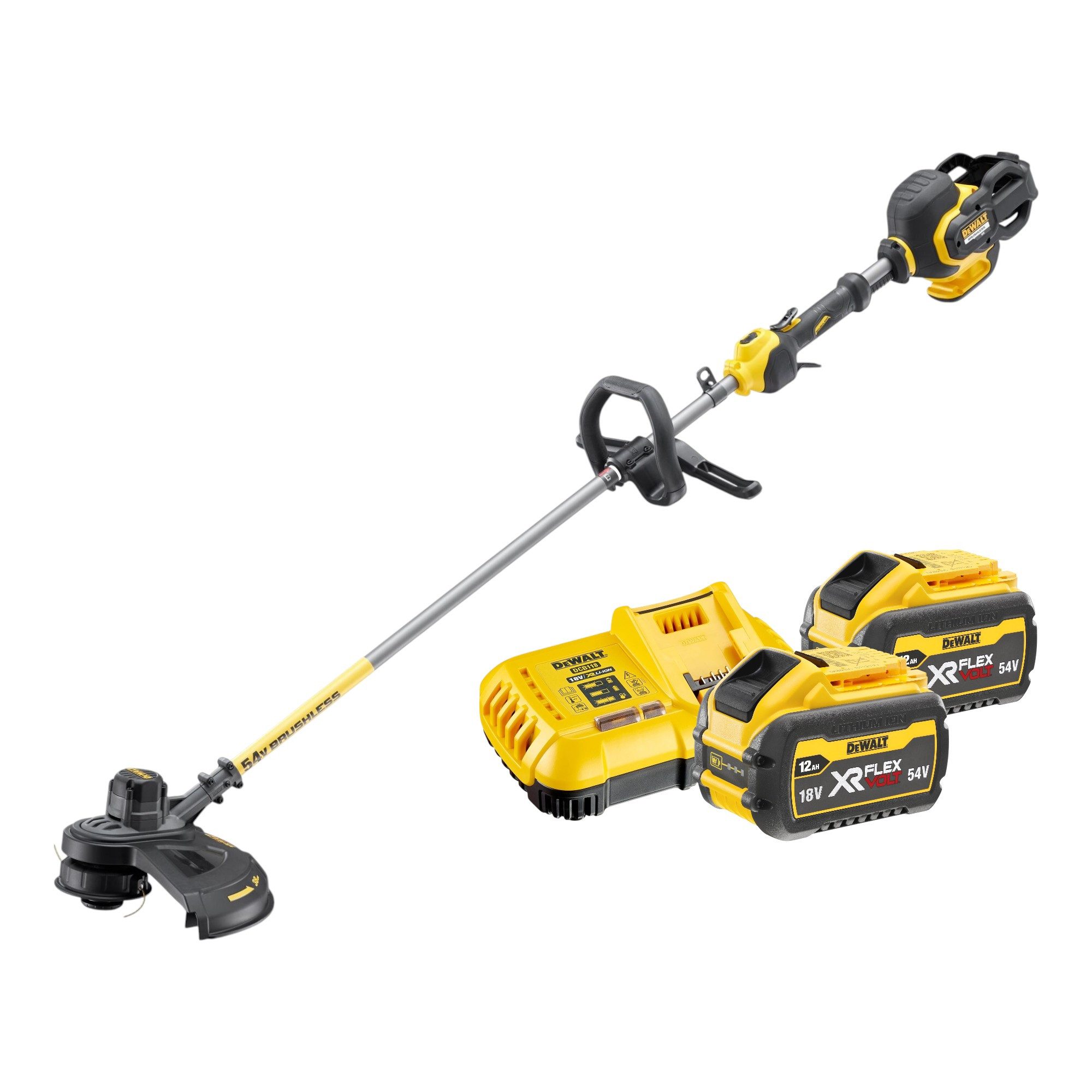 DeWalt Akku-Rasentrimmer DCM 571 Y2 54 V FlexVolt 38 cm Brushless + 2x Akku 12,0 Ah + Lader