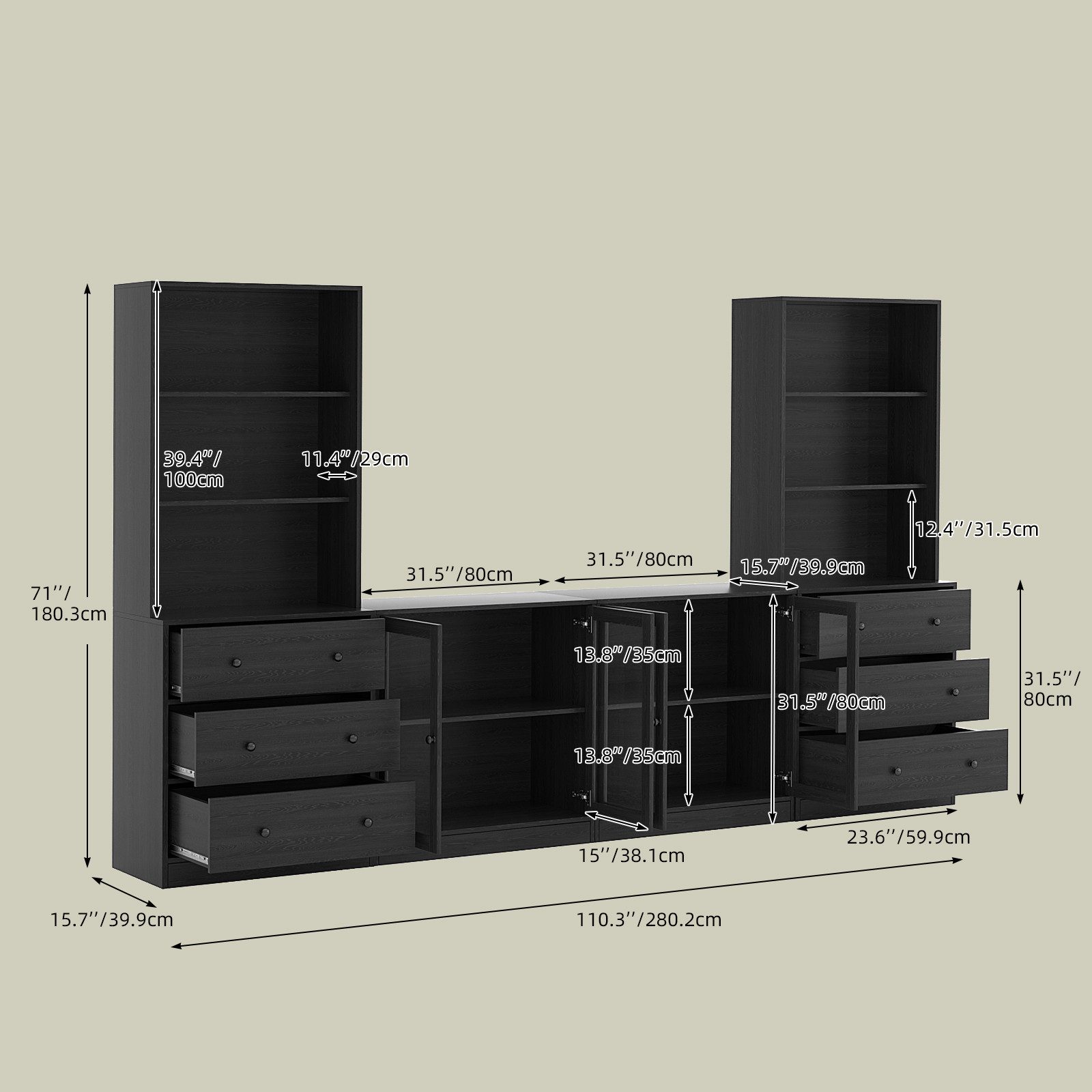 VOWNER TV-Schrank mit Bücherregalen für Fernseher bis zu 70 Zoll, 280 cm TV-Ständer (4-St) Wohnzimmer-Fernsehschrank mit gehärteten Glastüren und Einlegeböden