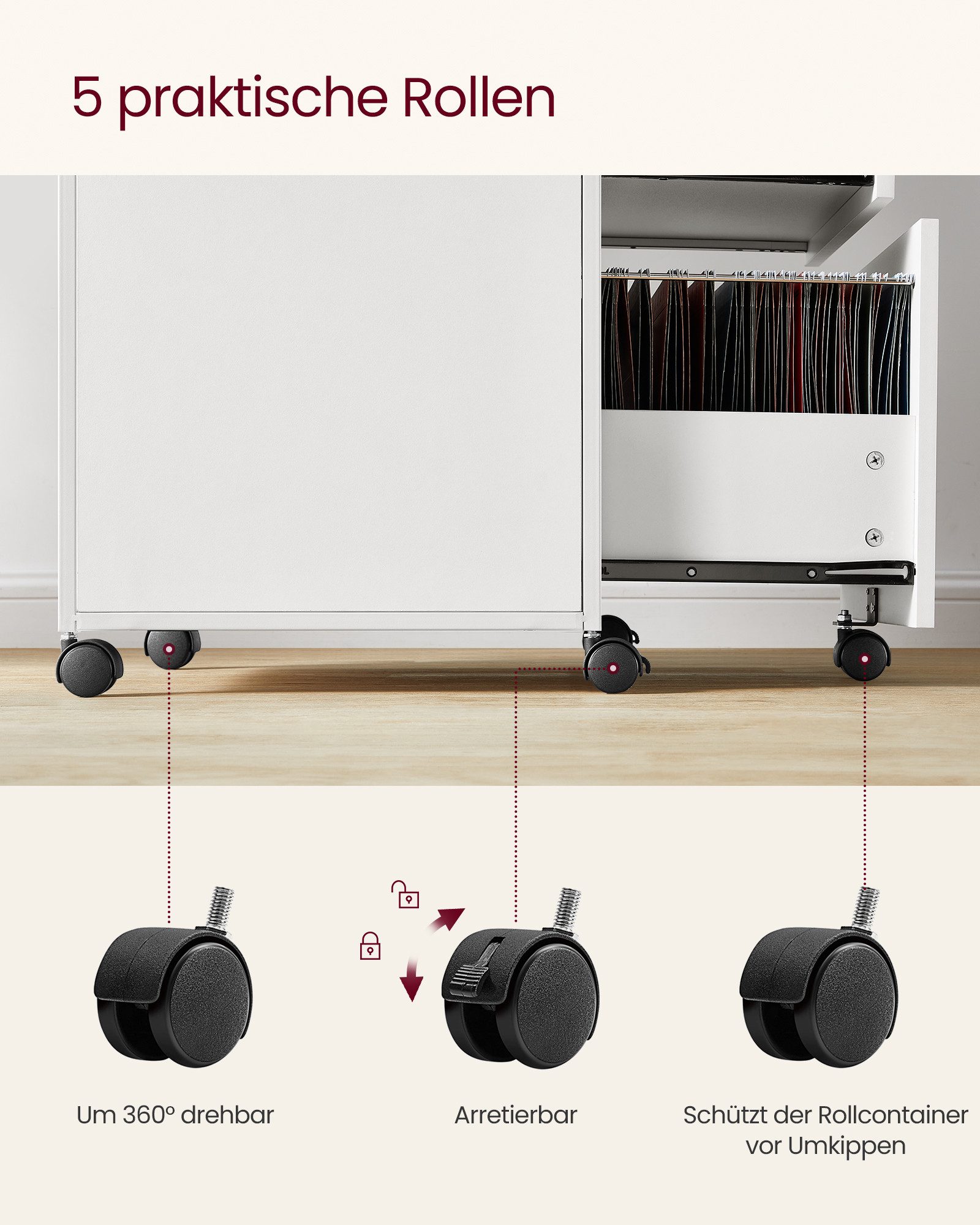 VASAGLE Aktenschrank Rollcontainer, Büroschrank mit Schubladen, rollen