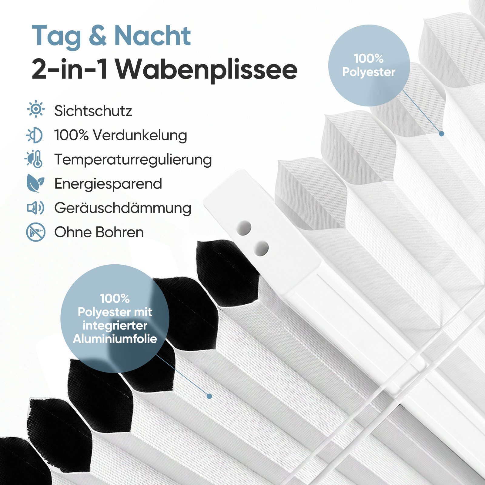 Sekey Wabenplissee Day+Night Wabenplissee Verdunkelung ohne Bohren verspannt Lichtschutz, ohne/ mit Bohren, Lichtdurchlässig & 100% verdunkelnd frei umschaltbar