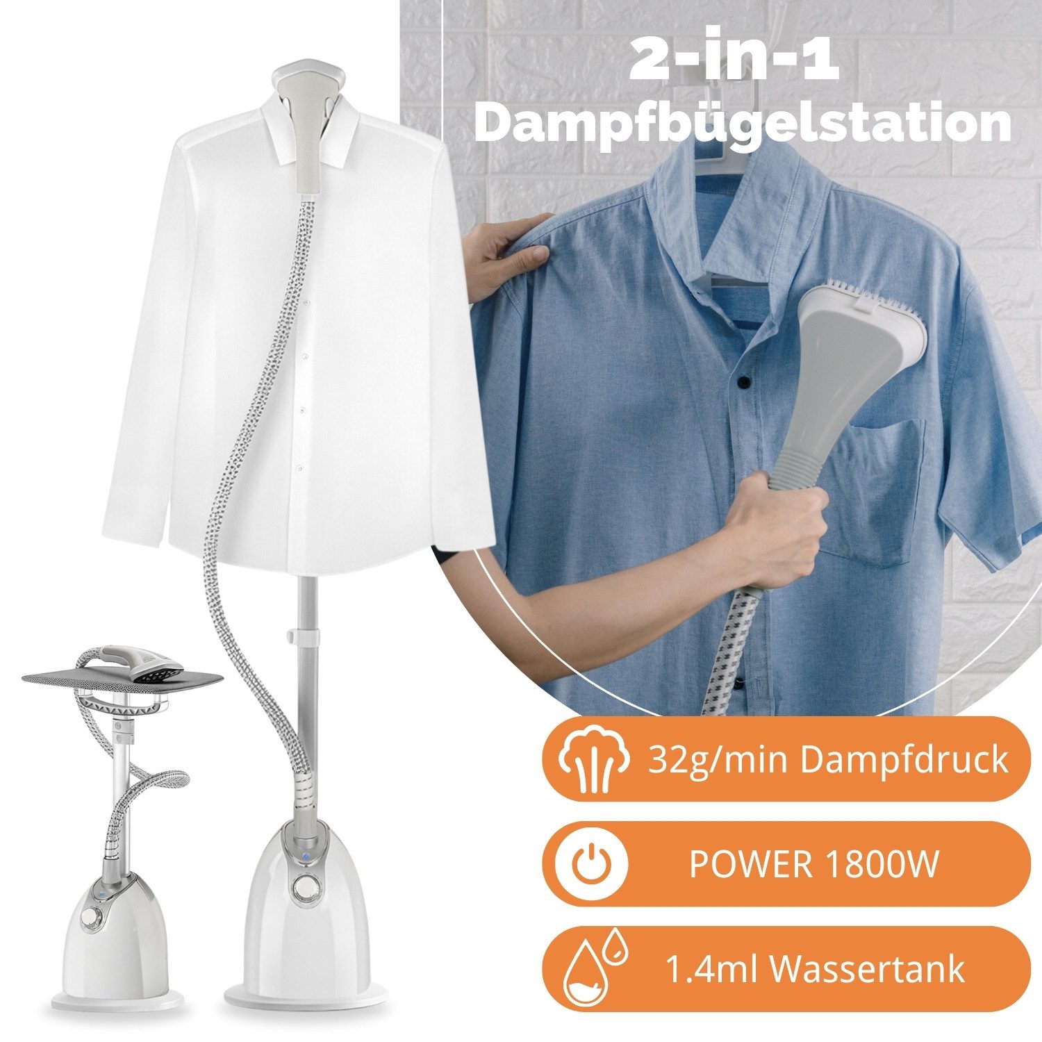 7MAGIC Dampfbügeleisen 2-in-1 Vertikale Dampfbügelstation, 1800,00 W, Dampfstation 1,4L Wassertank, 32 g/Min Schnelle Faltenentfernung