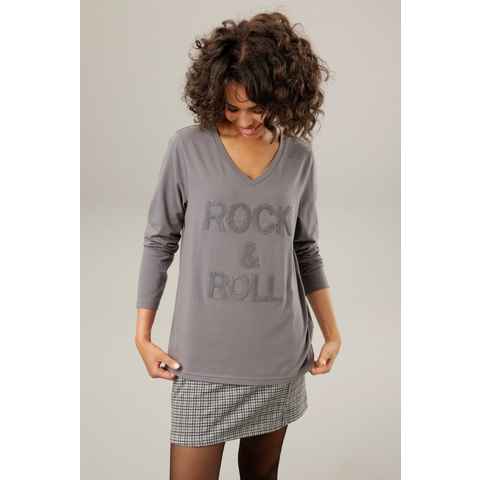 Aniston CASUAL Langarmshirt mit "rockigem" Schriftzug aus strukturiertem Frottee